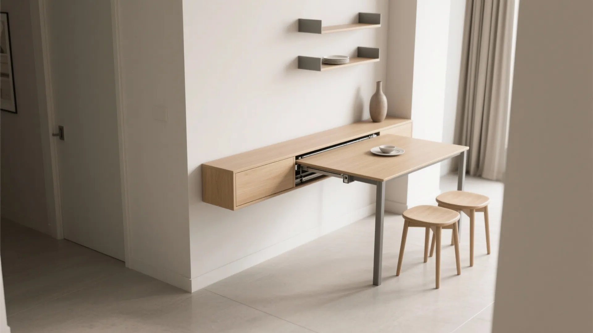 Space saving wooden dining table extending from a wall mounted cabinet in a modern room