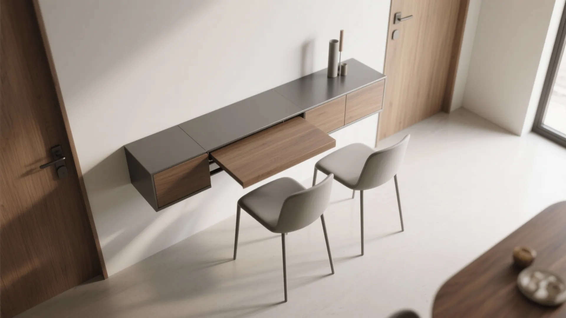 5. Two minimalist chairs + a slim console turned table