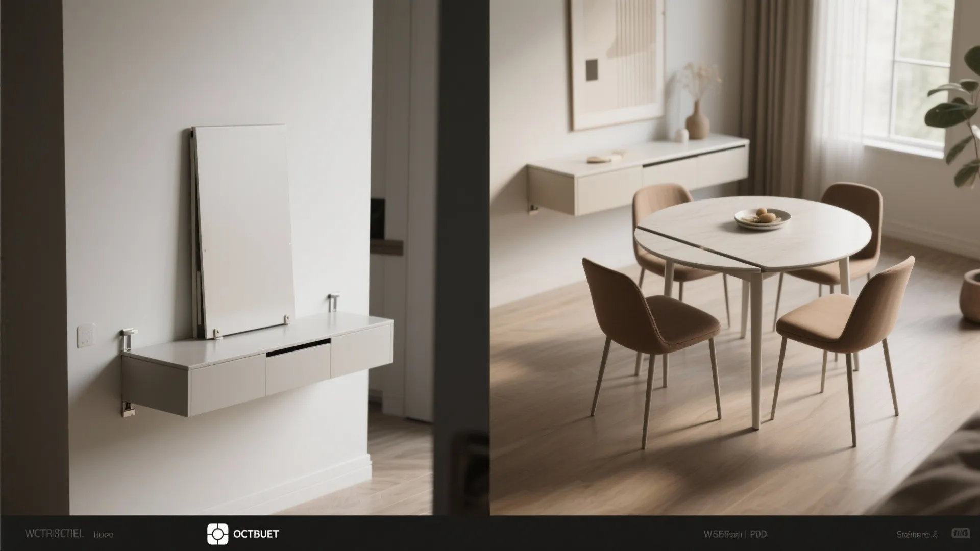 Side by side comparison of a folded wall cabinet and an open round dining table set