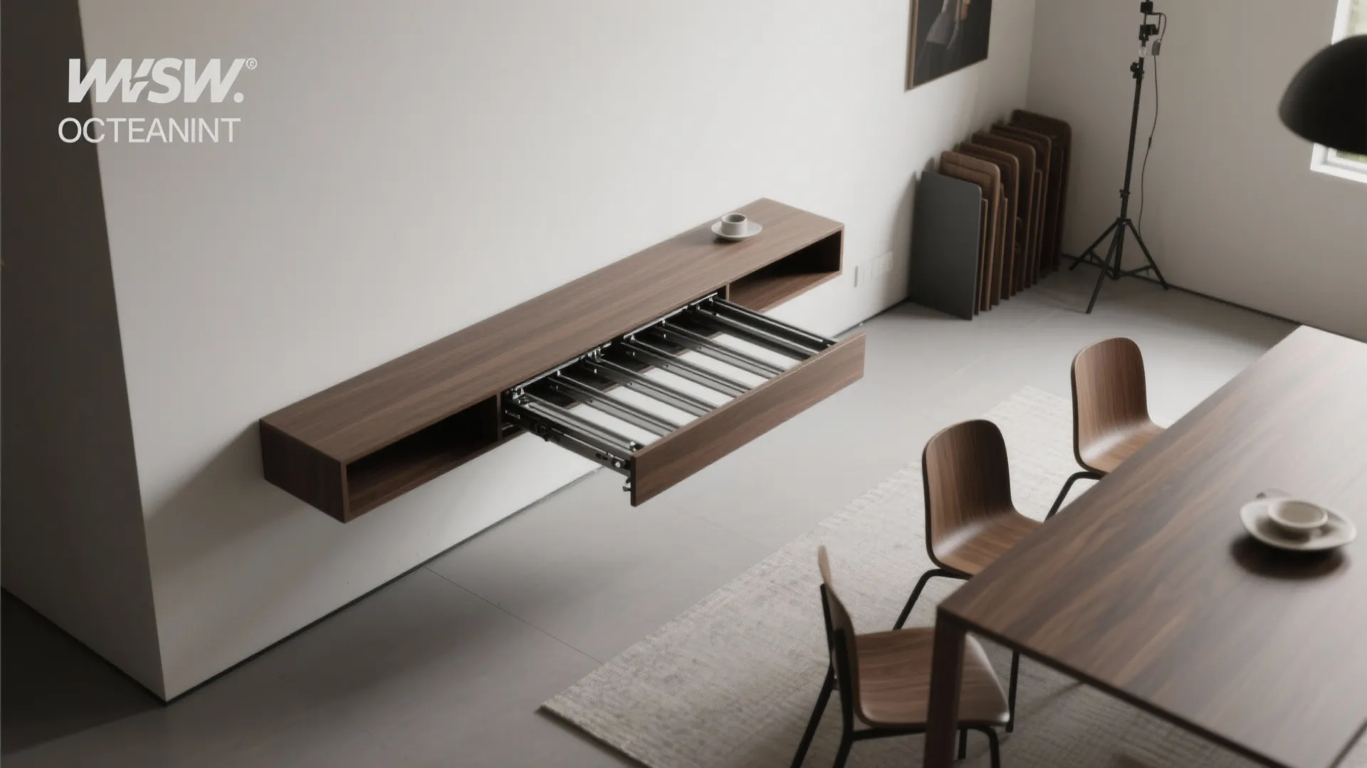 Top-down view of a console table being pulled out into a narrow dining table, showing sliding mechanism and clearance.