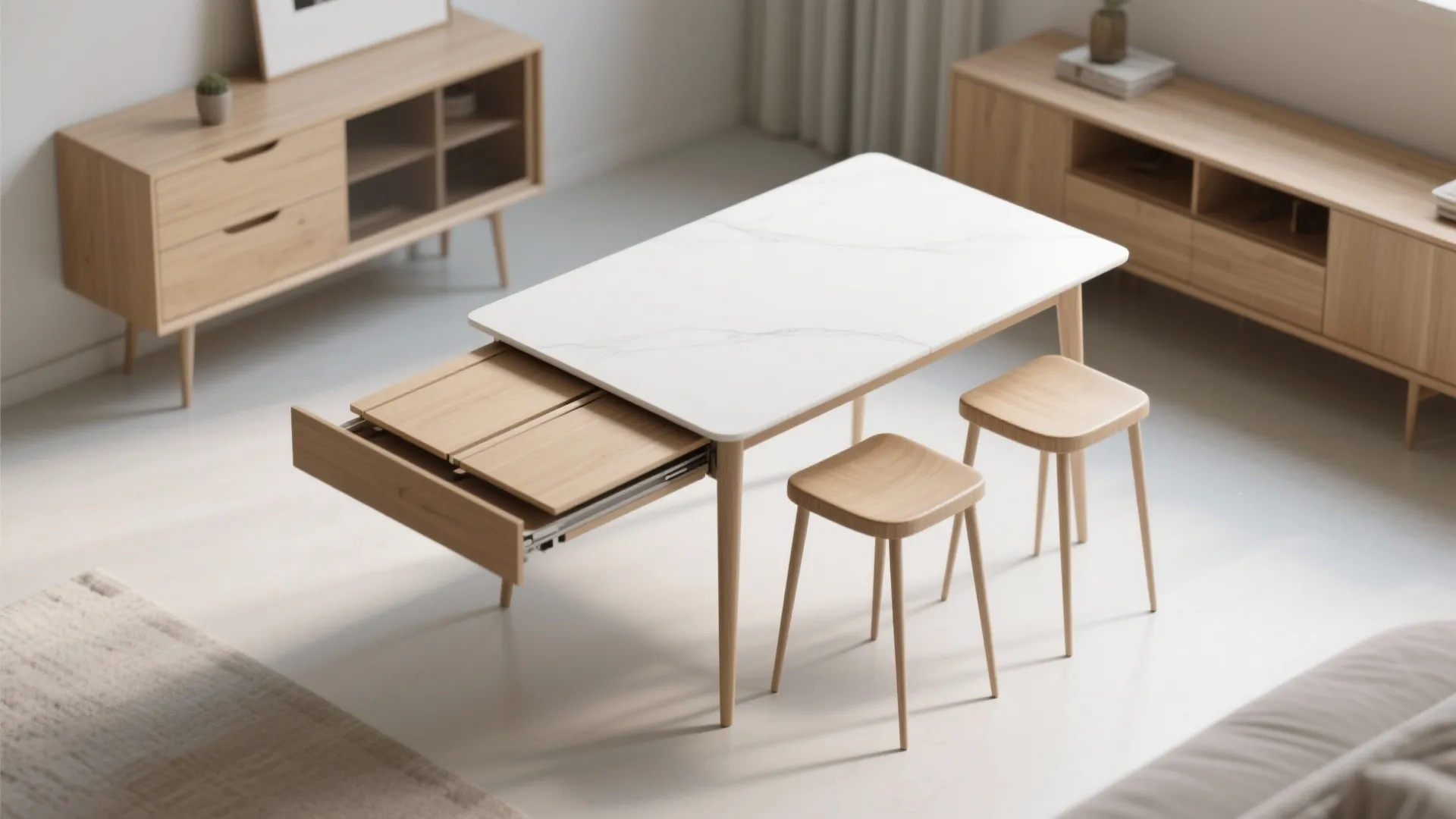 Extendable white dining table with wood drawer storage two stools and wooden cabinet background design