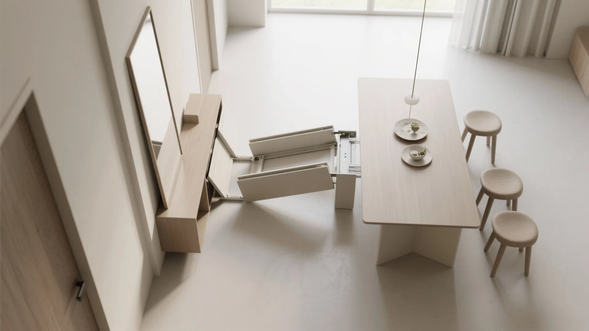 Modern wall cabinet with a hidden dining table that pulls out to save small room space