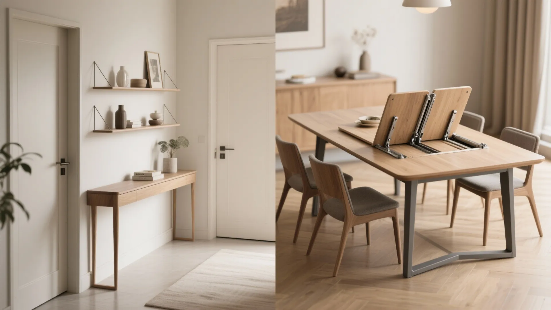 Split view showing wood wall table and large dining table with internal folding storage parts