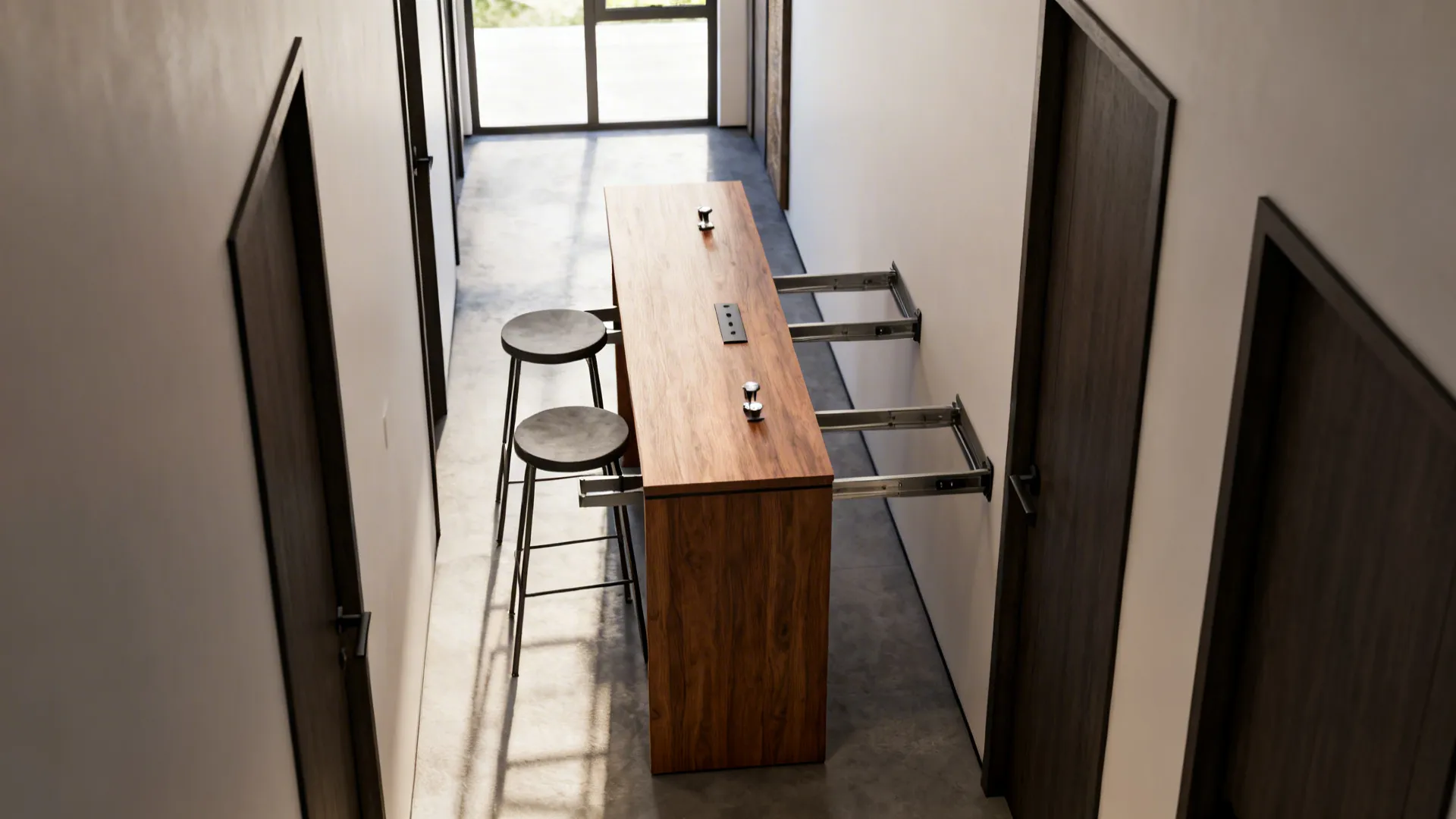 Wooden console table with metal sliding legs and stools placed in a modern narrow hallway