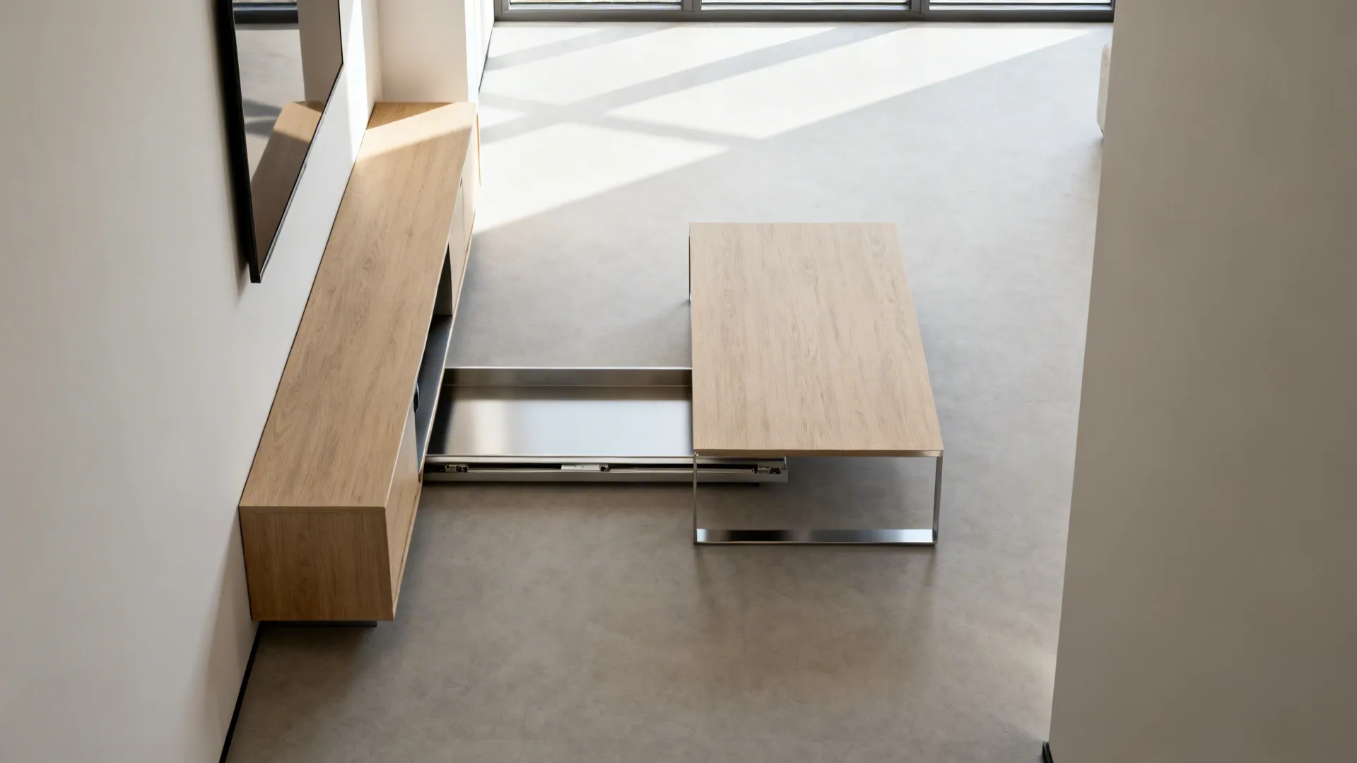 Slim console converting into a low coffee table in a narrow living room, shown with layout cues.
