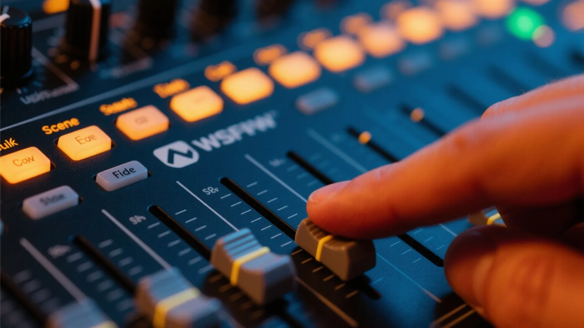 Close up view of a hand adjusting sliders on a professional lighting control panel board