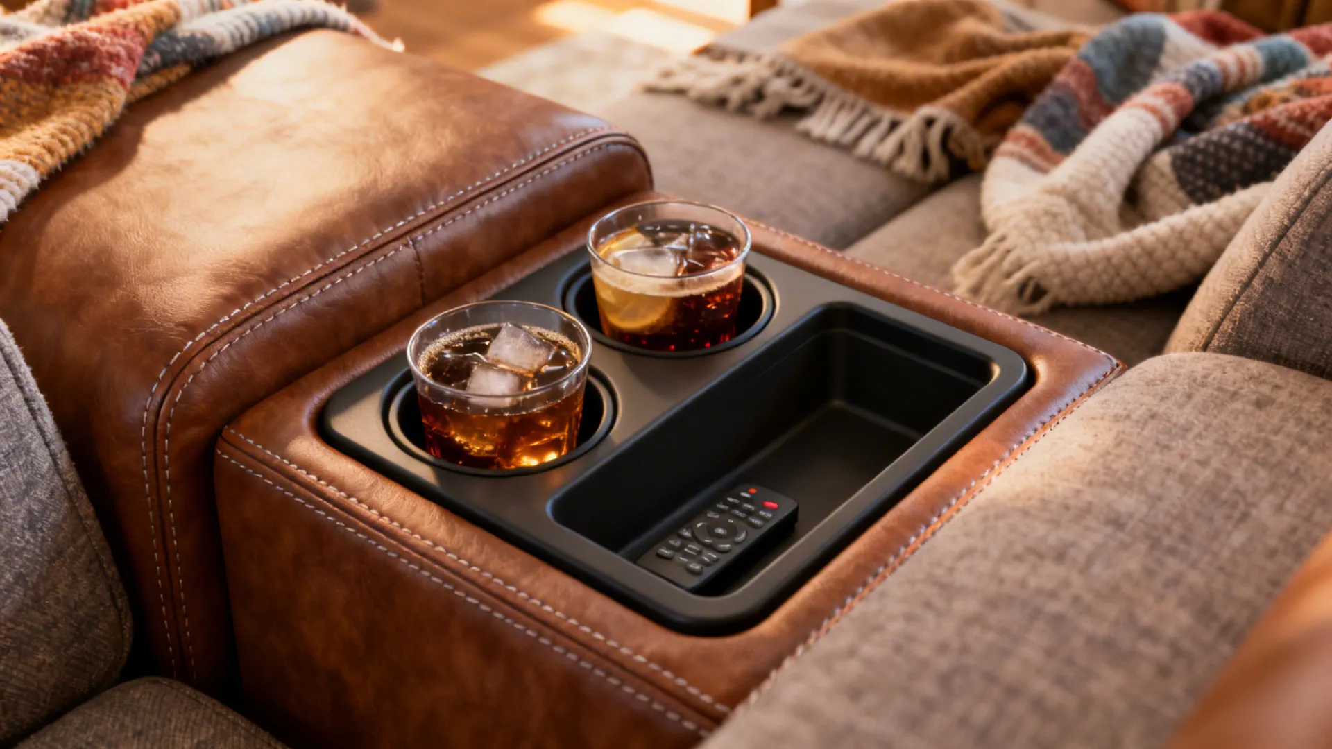 Close-up of sectional console with integrated cup holders and remote storage.