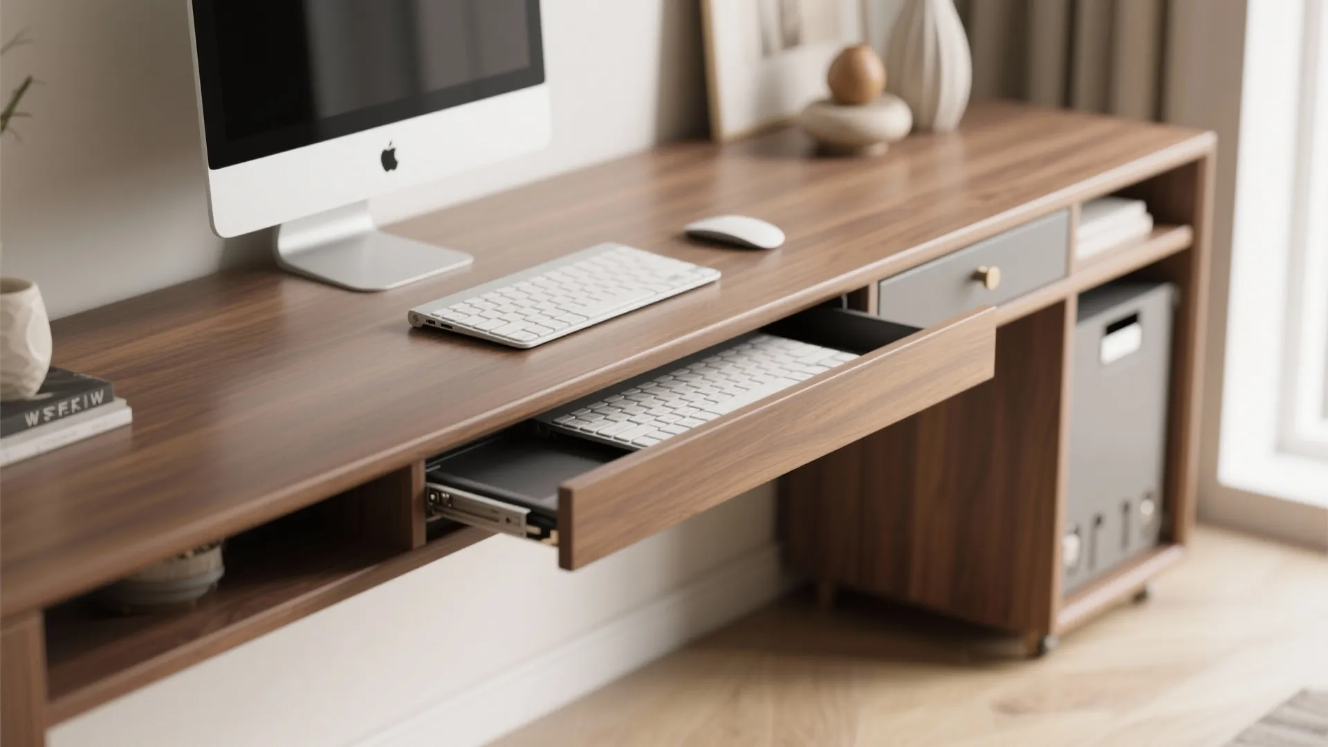 Wooden desk with computer keyboard mouse and an open drawer showing a second hidden keyboard tray