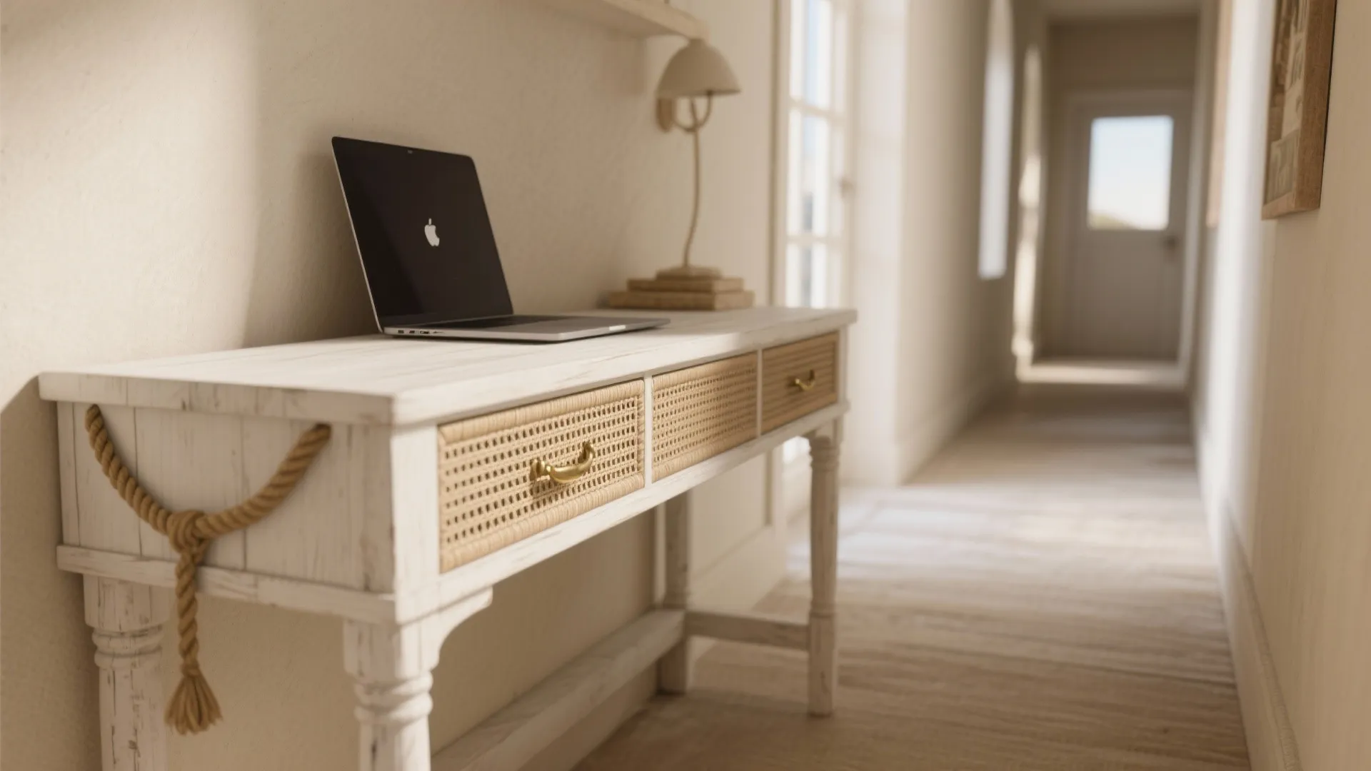 White wooden desk with wicker drawers holding a laptop in a bright and sunny hallway