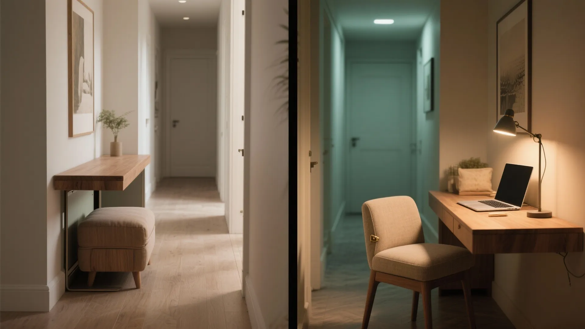 Side by side comparison of a hallway console table versus a functional small home office