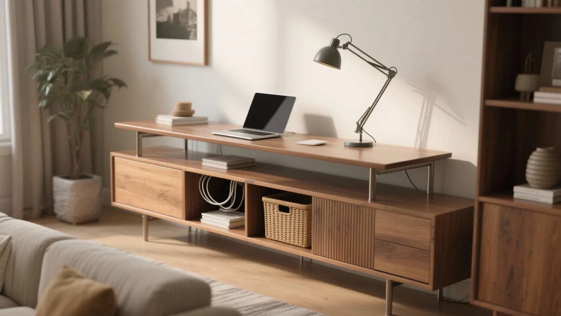 4. Multi-use console that doubles as a desk