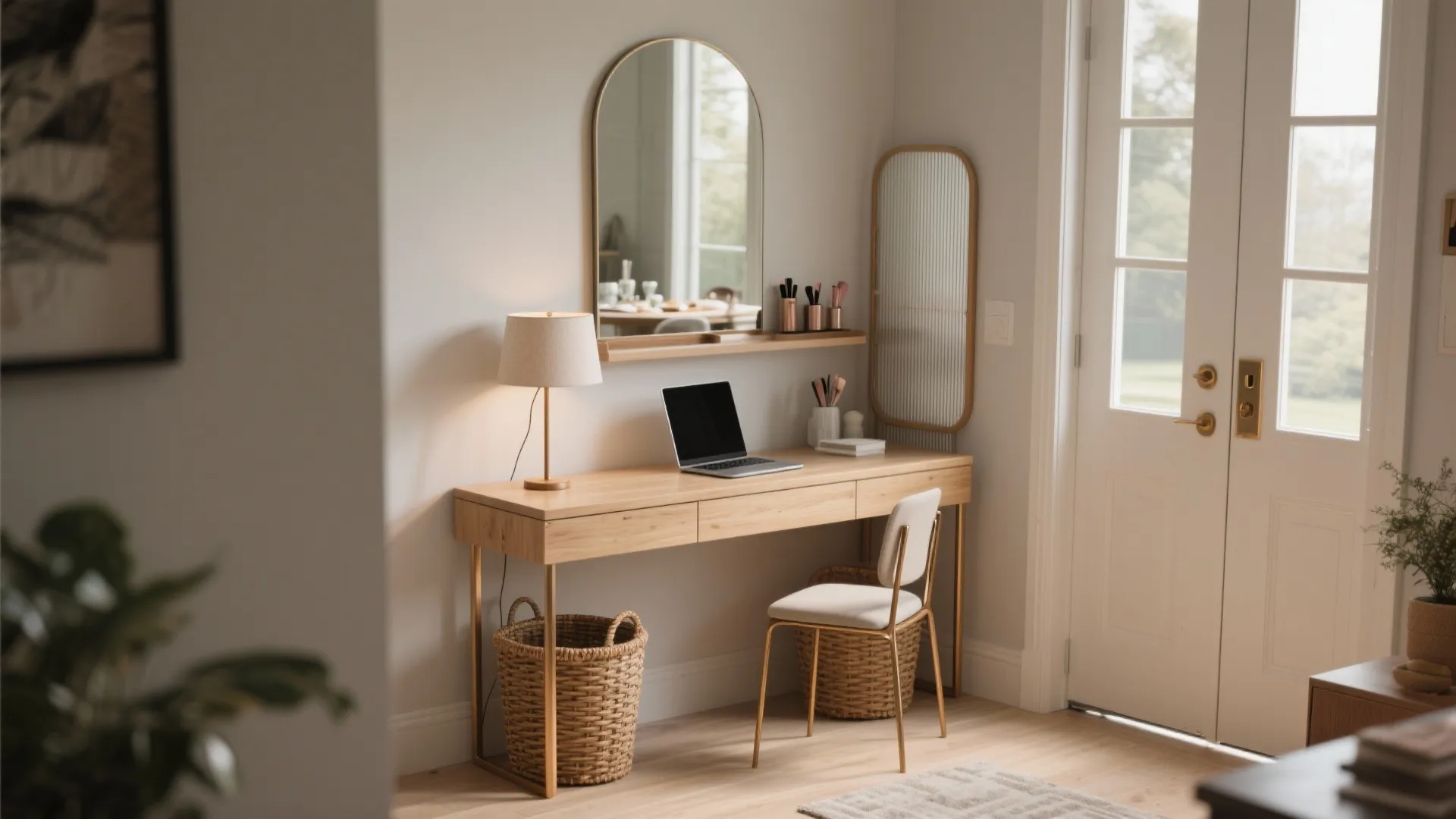 Light wood console desk with laptop, mirror, lamp, and chair next to a white door