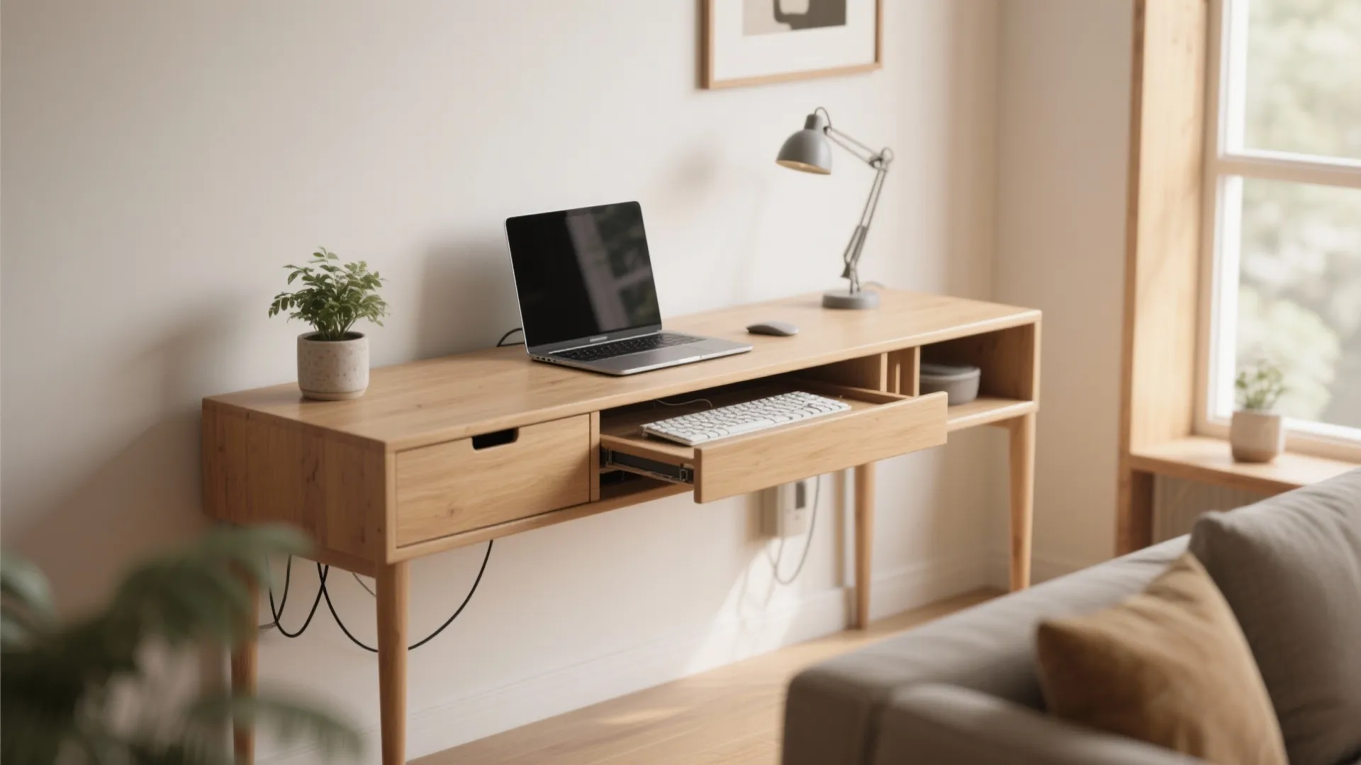 Wooden desk with laptop grey table lamp small plant and pull out keyboard drawer tray
