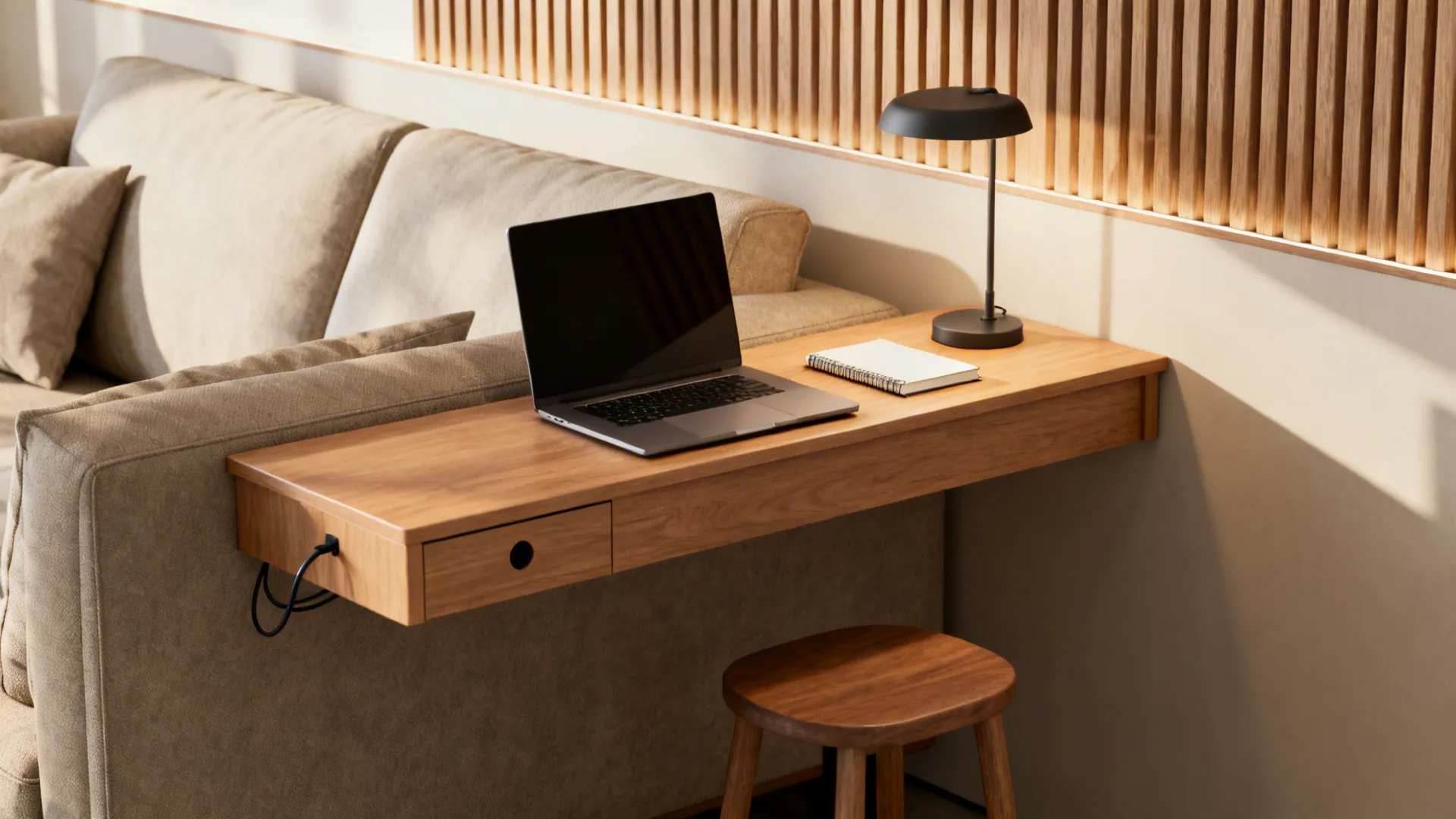 Slim console behind a sofa used as a compact desk with cable management and a single drawer.