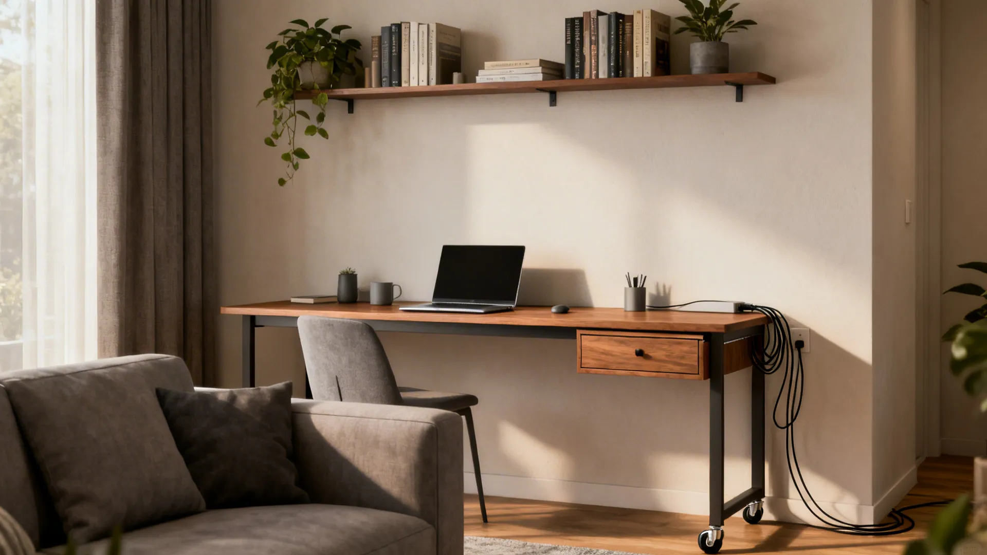 1. Narrow console desk against the sofa