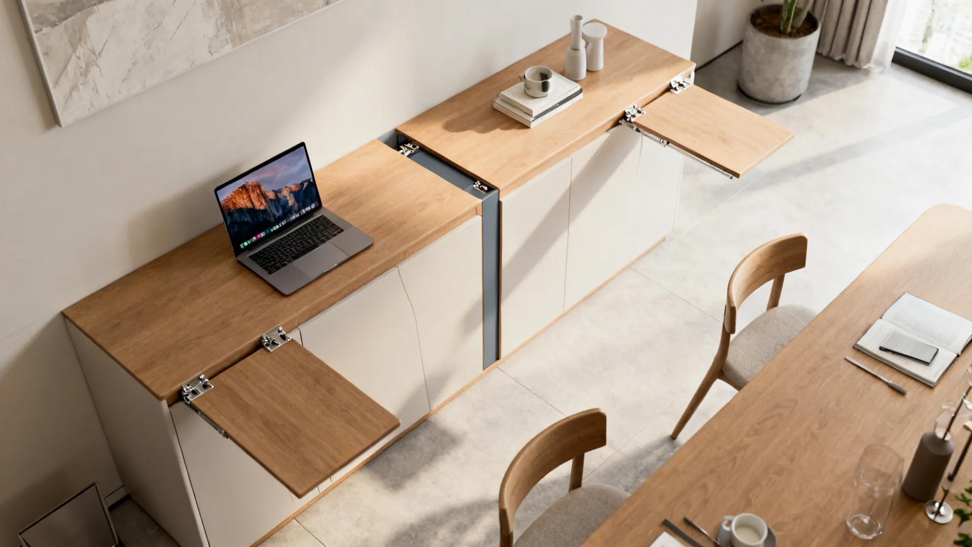 Drop leaf console doubling as a laptop desk and dining surface, showing thin center panel and metal brackets.