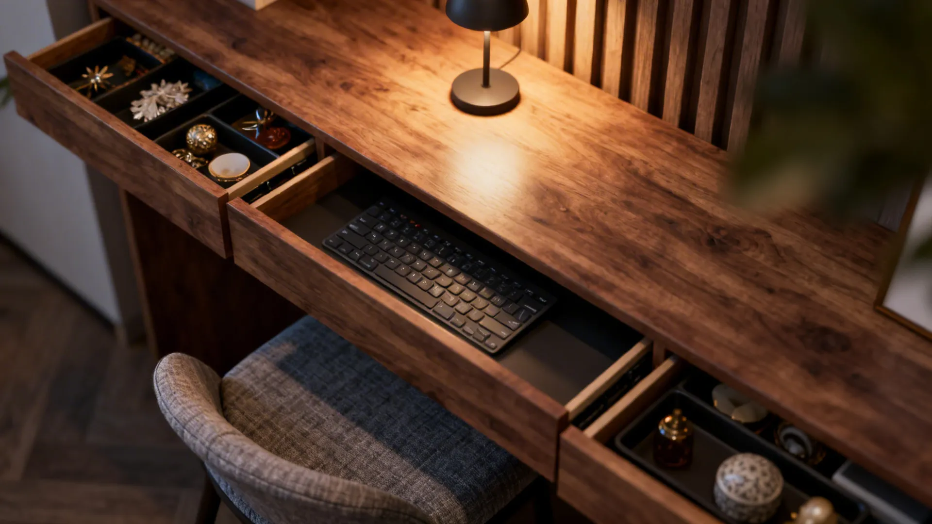 Flatlay of a narrow console desk with shallow drawers, lamp, keyboard tray and styled accessories.