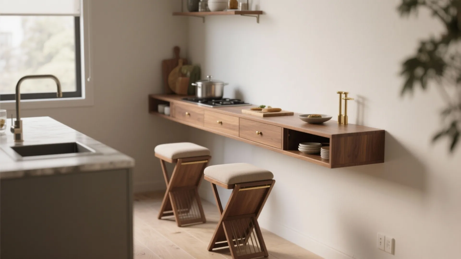 Long wooden wall mounted cabinet used as dining table with two folding stools in minimalist kitchen