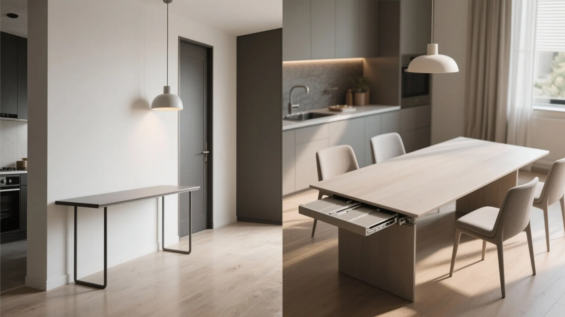 Before and after comparison showing a narrow hallway table transforming into a large dining table