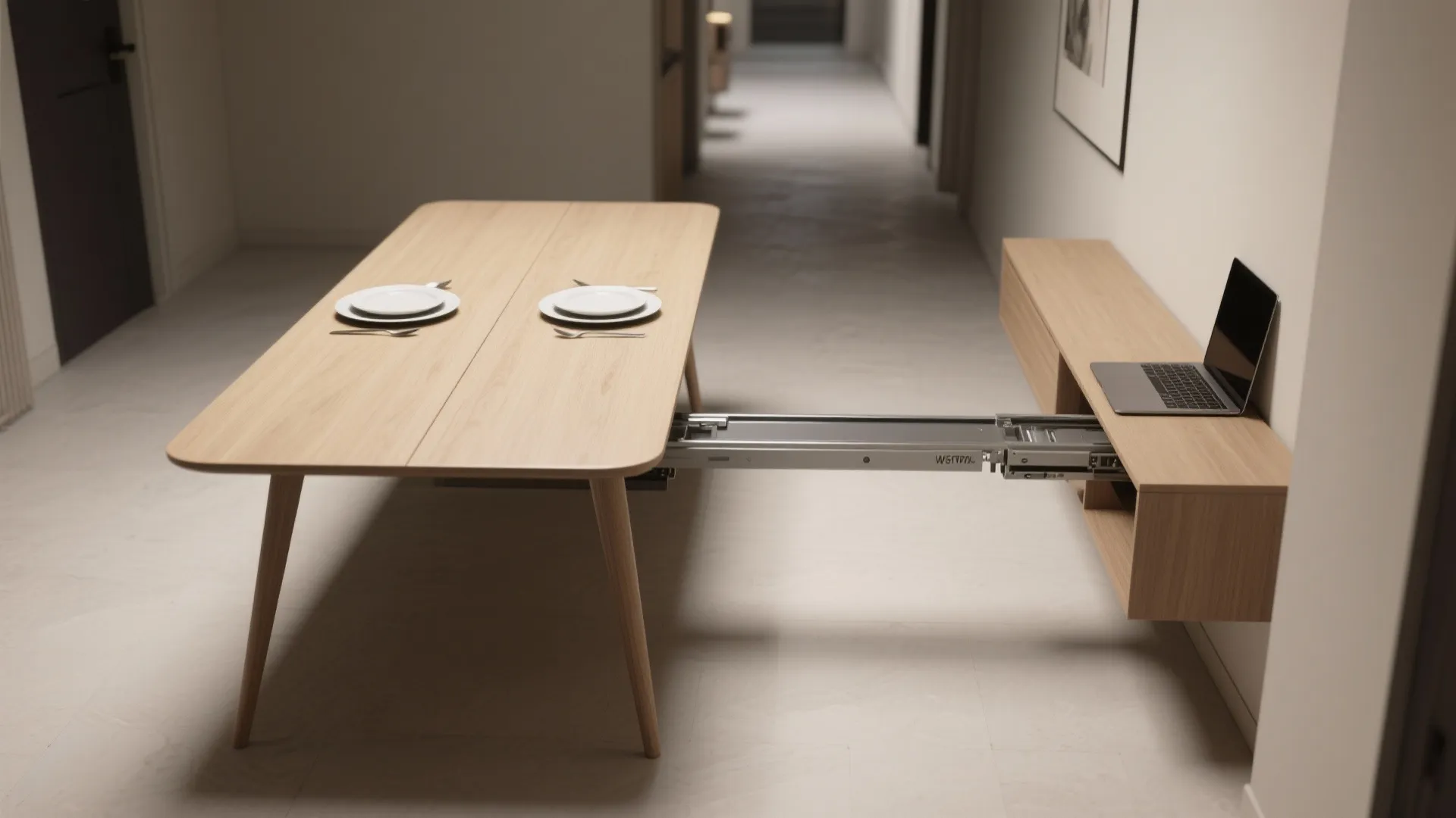Pull out dining table extending from a wooden cabinet in a hallway with a laptop