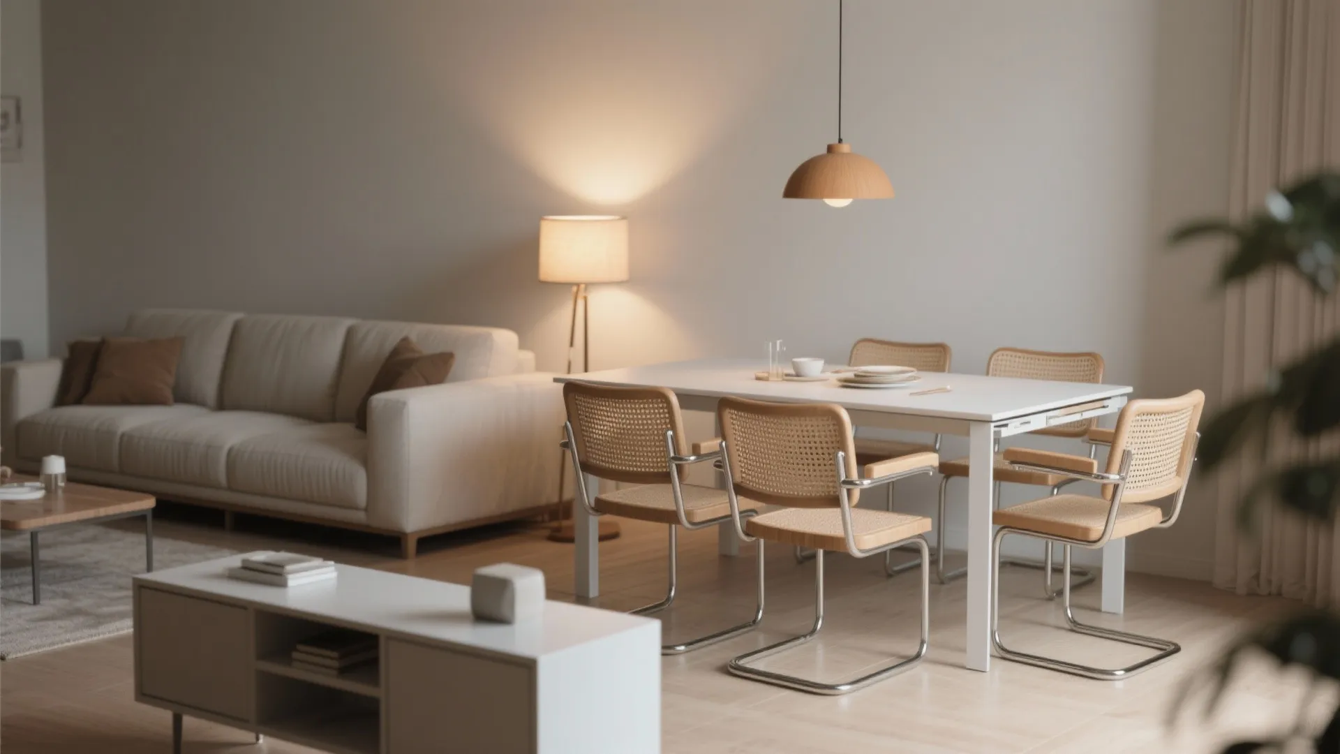 Modern open living area with white dining table woven chairs beige sofa and warm ceiling light