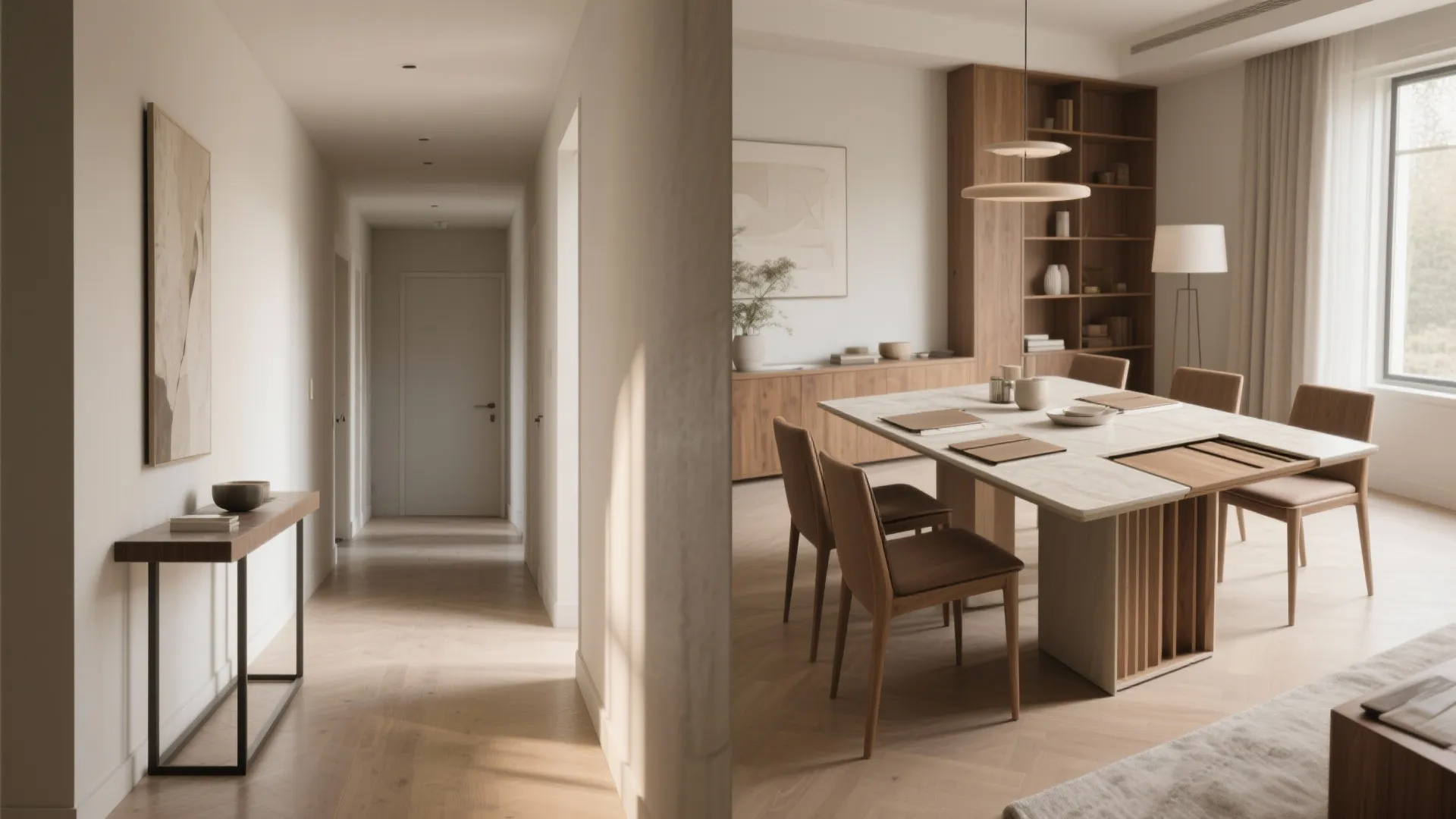 Diptych showing a console table in hallway form and the same piece extended into a full dining table.