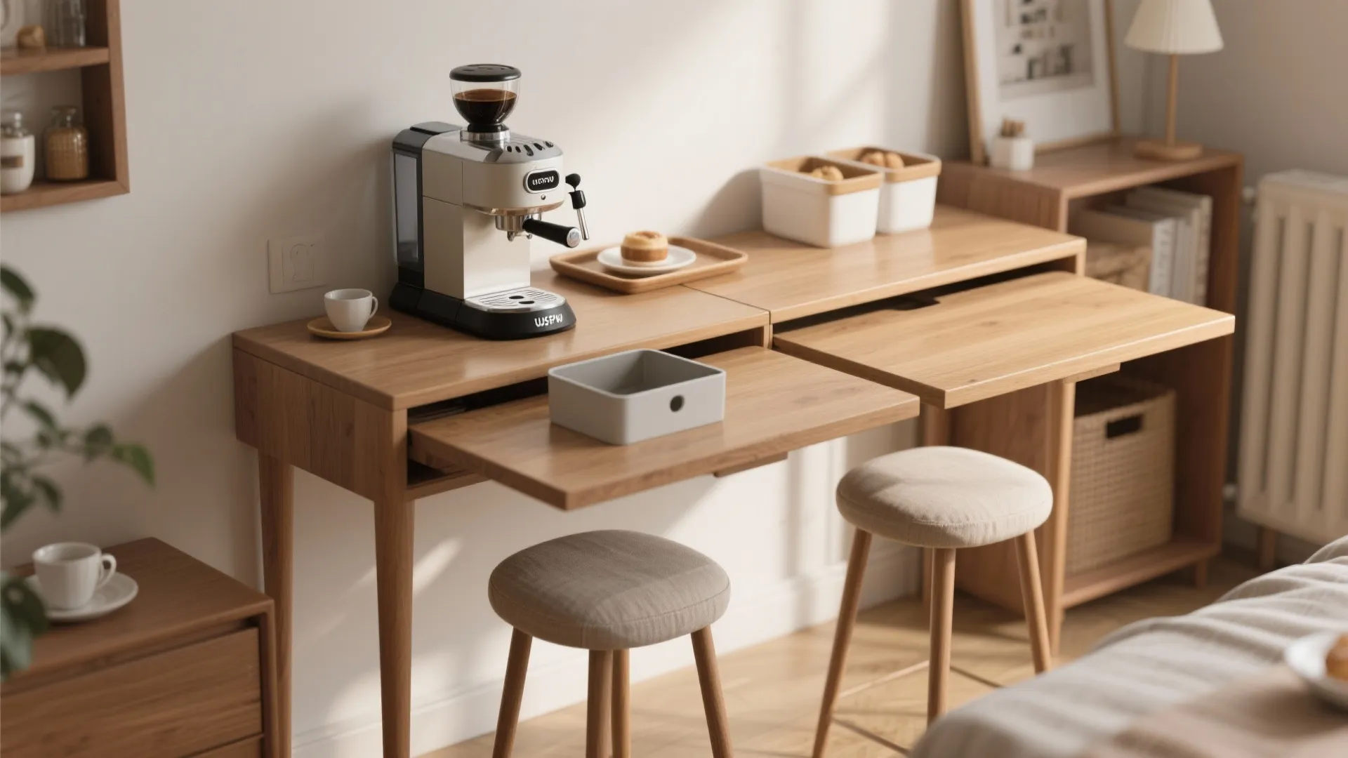 Slim console table serving as a coffee station and quick dining spot with drop-leaf seating.