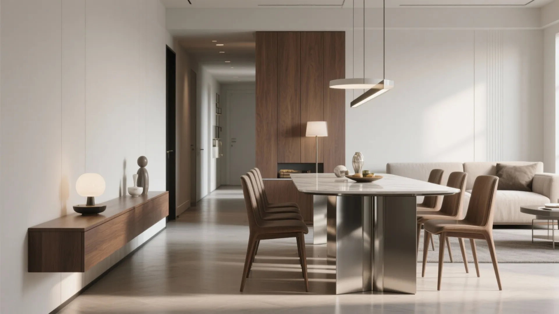 Modern dining room with marble table brown chairs wooden wall panel sofa and hanging ceiling light