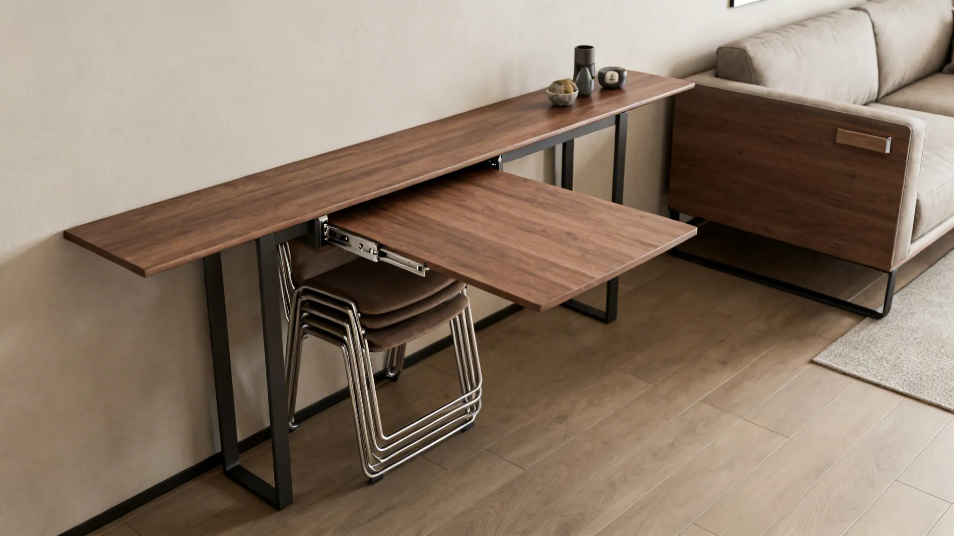 Slim console table extended into a dining surface in a studio, showing pull-out mechanism and stackable chair.