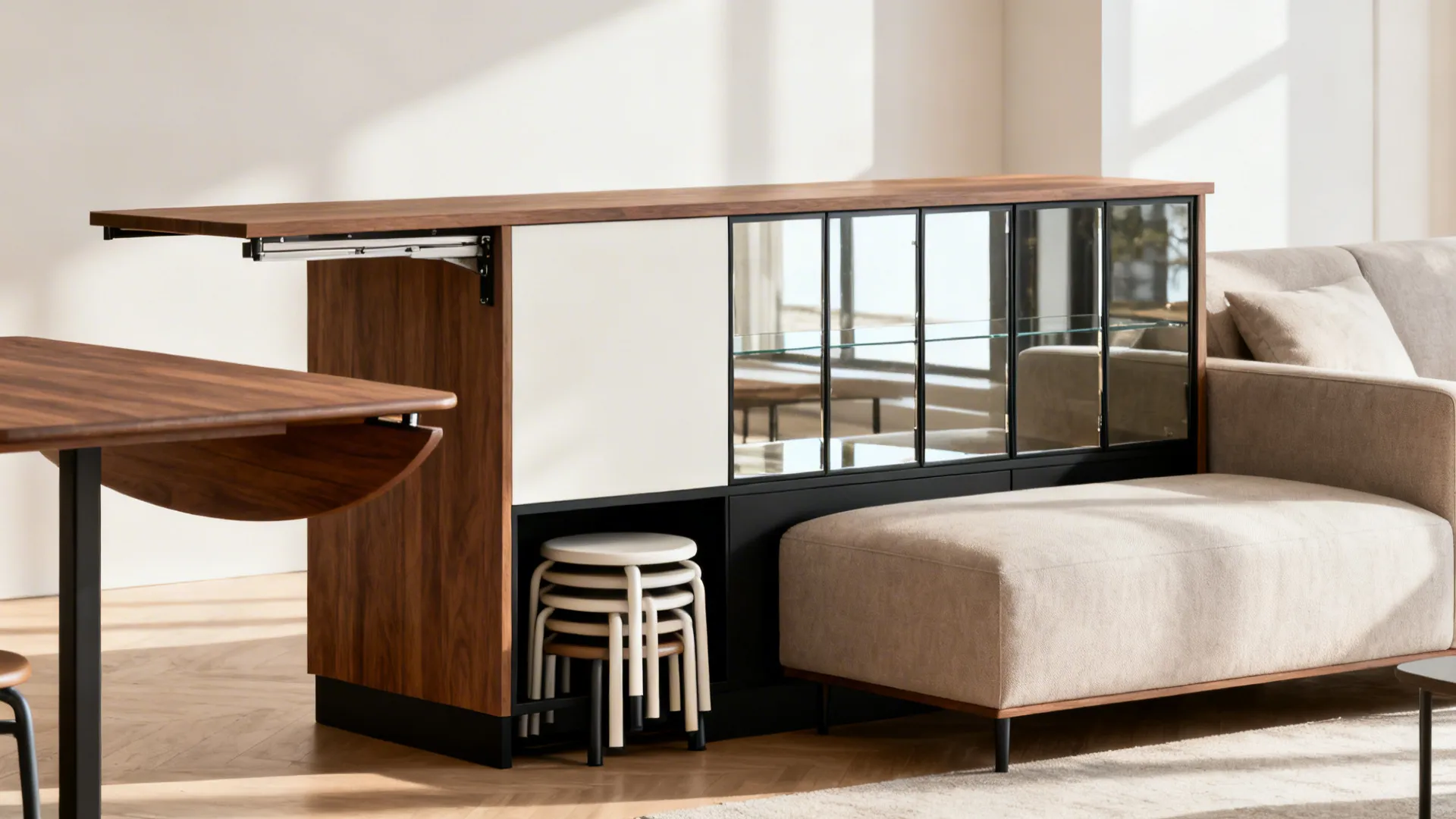 Wooden cabinet with glass doors and pull-out table extension next to a beige fabric sofa
