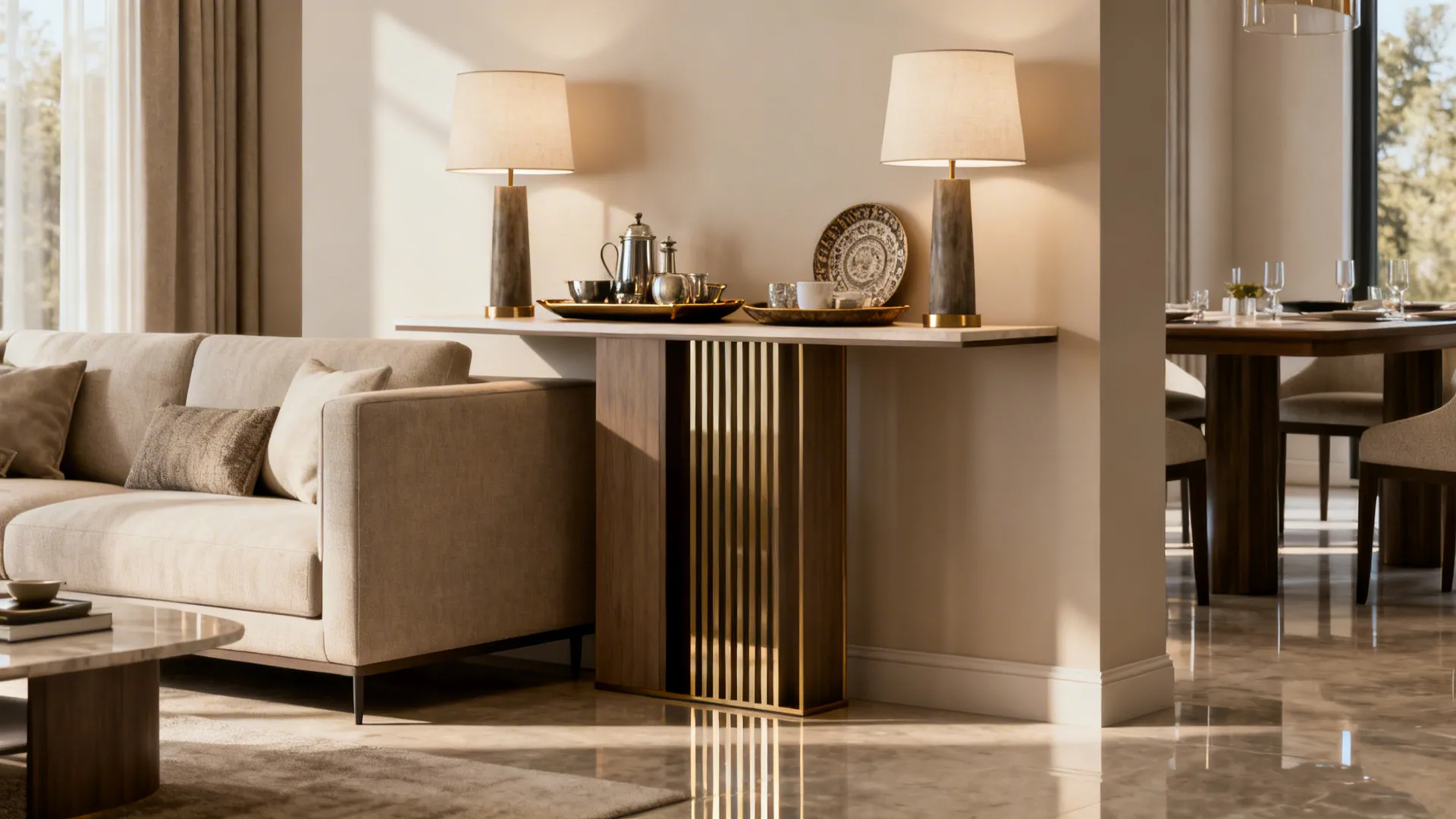 Elegant living room featuring a wooden cabinet with table lamps used as a stylish room divider