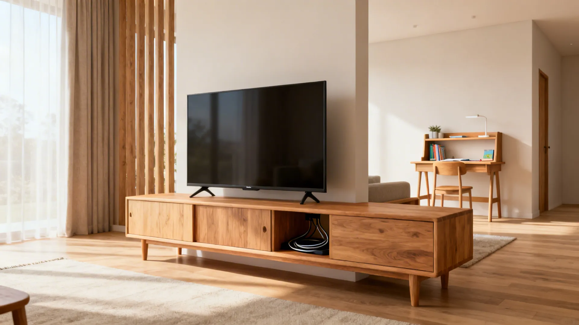 Low multi-purpose console dividing an open plan space with a 50 inch TV facing the living area.