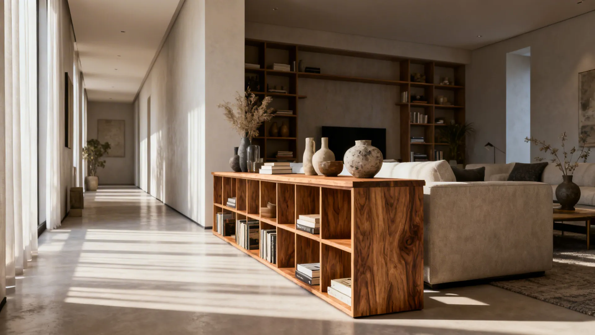 Slim console table and open-backed shelving serving as a visual divider between zones.