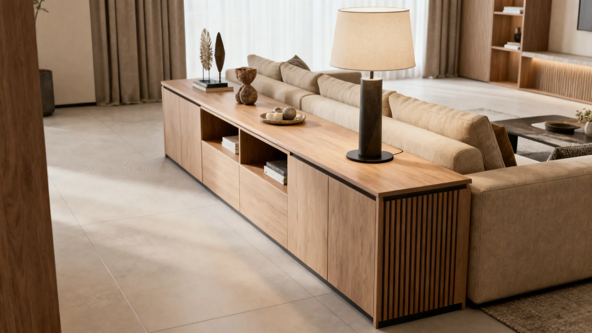 Low-profile console behind a sofa used as a functional divider between dining and living areas