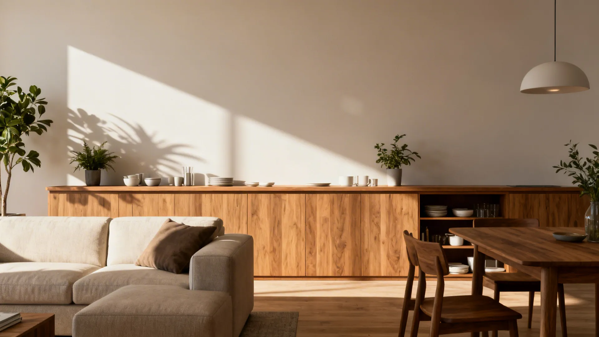 Slim console behind a sofa separating living and dining areas, doubling as buffet storage
