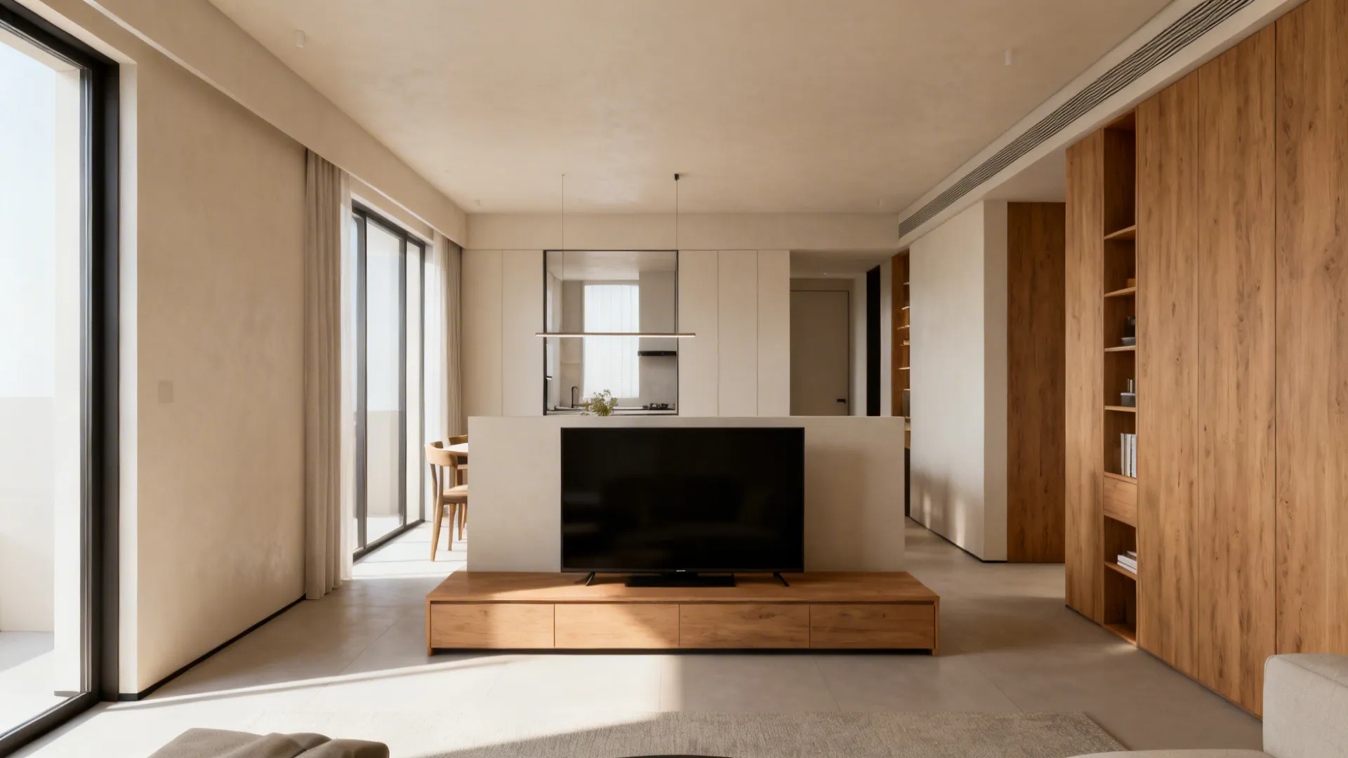 Low TV console used as a subtle divider between living and dining areas