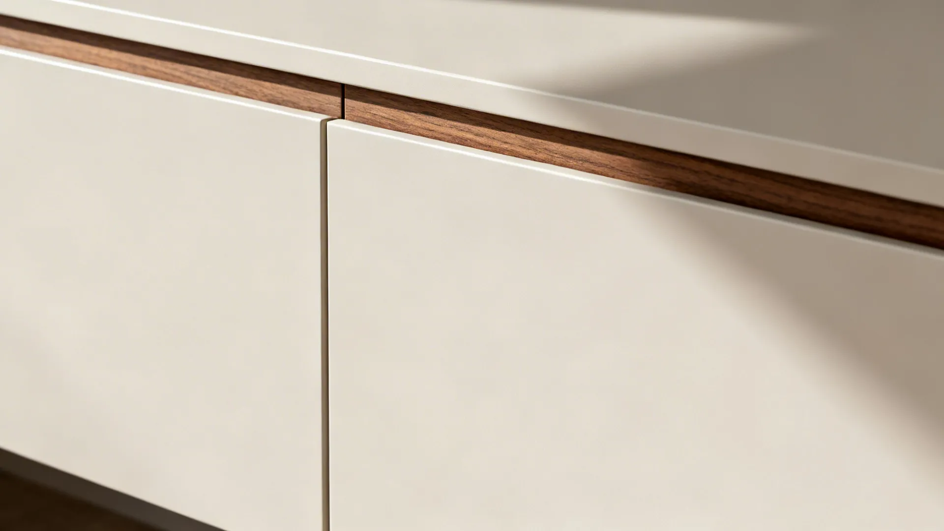 Close-up of a matte lacquer floating console drawer with soft-close hardware and walnut edge.