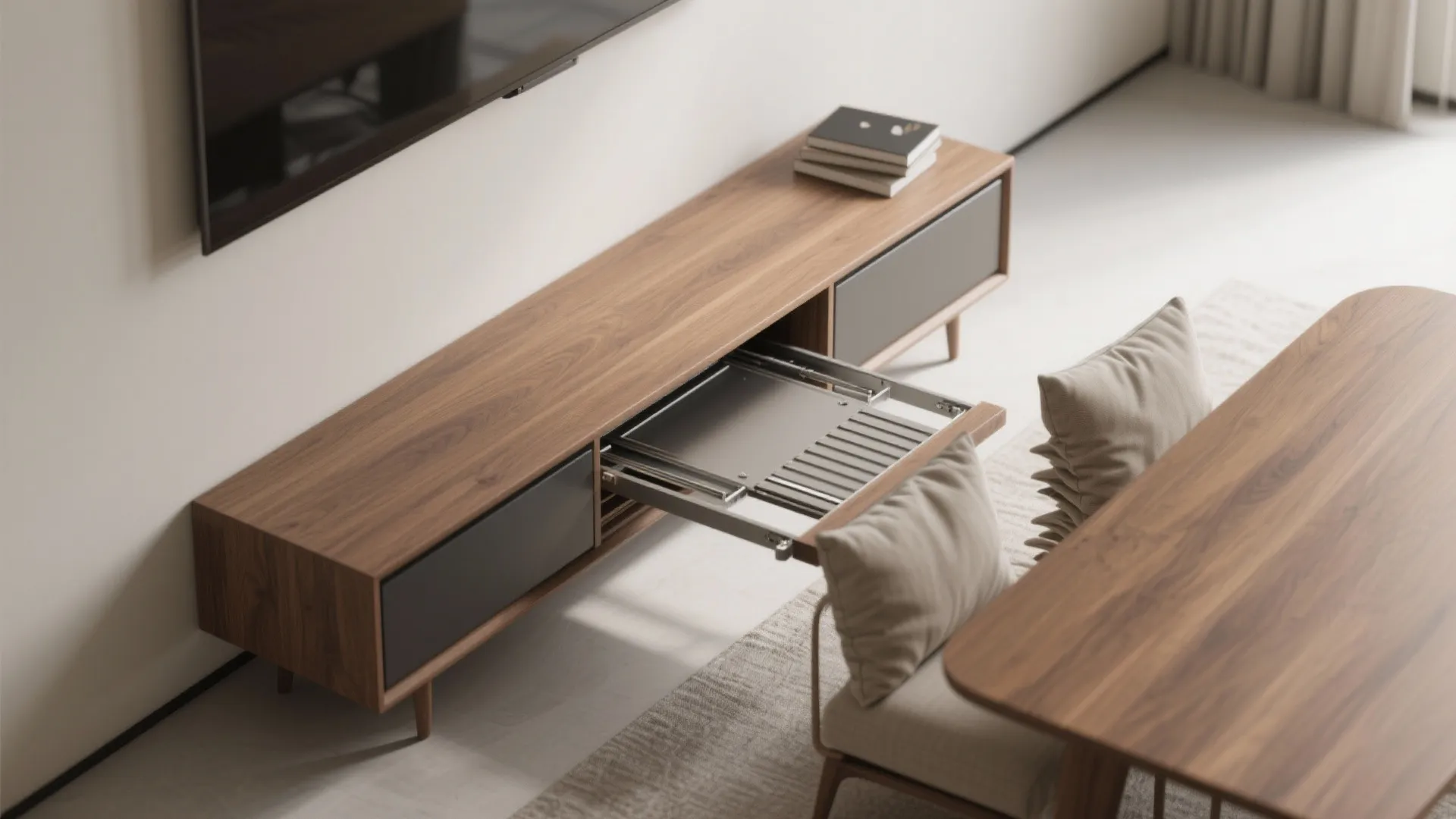 Modern wooden cabinet with an extendable metal frame pulled out next to a matching dining table