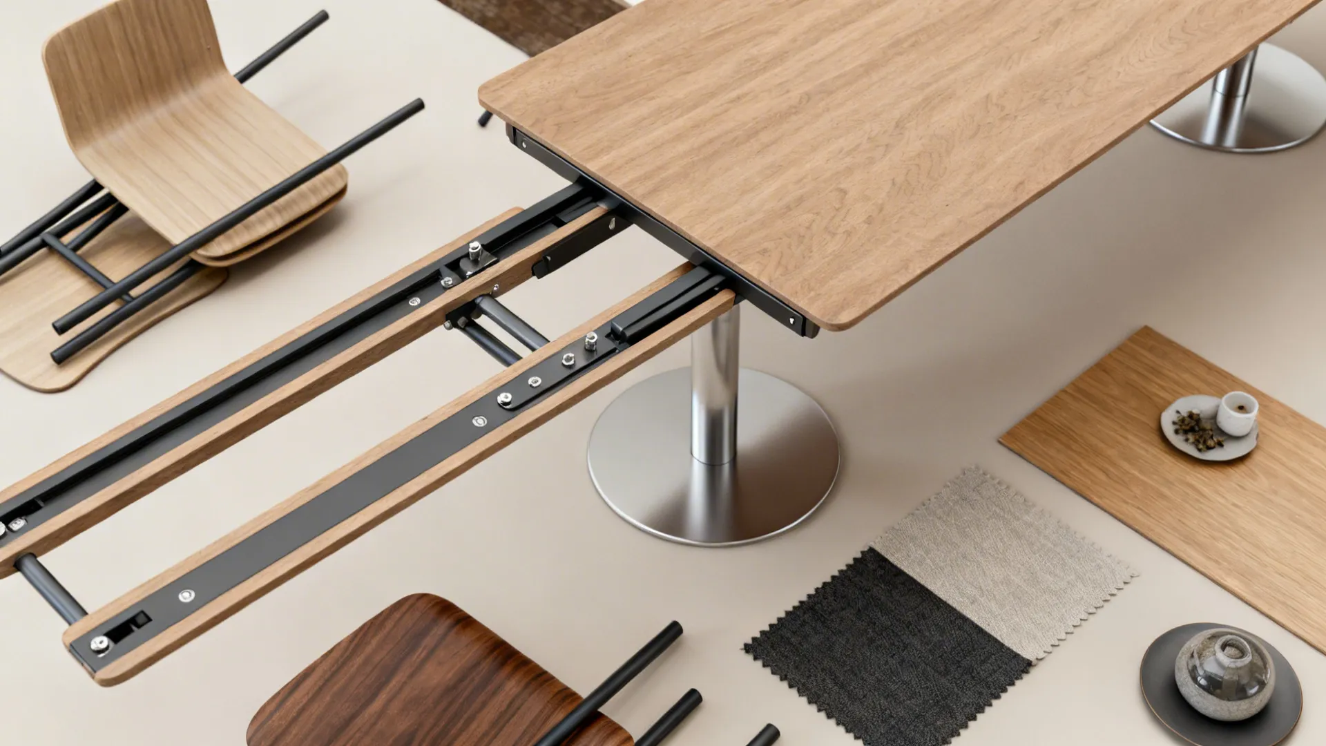 Flatlay of materials and hardware for a console-to-dining extension table concept