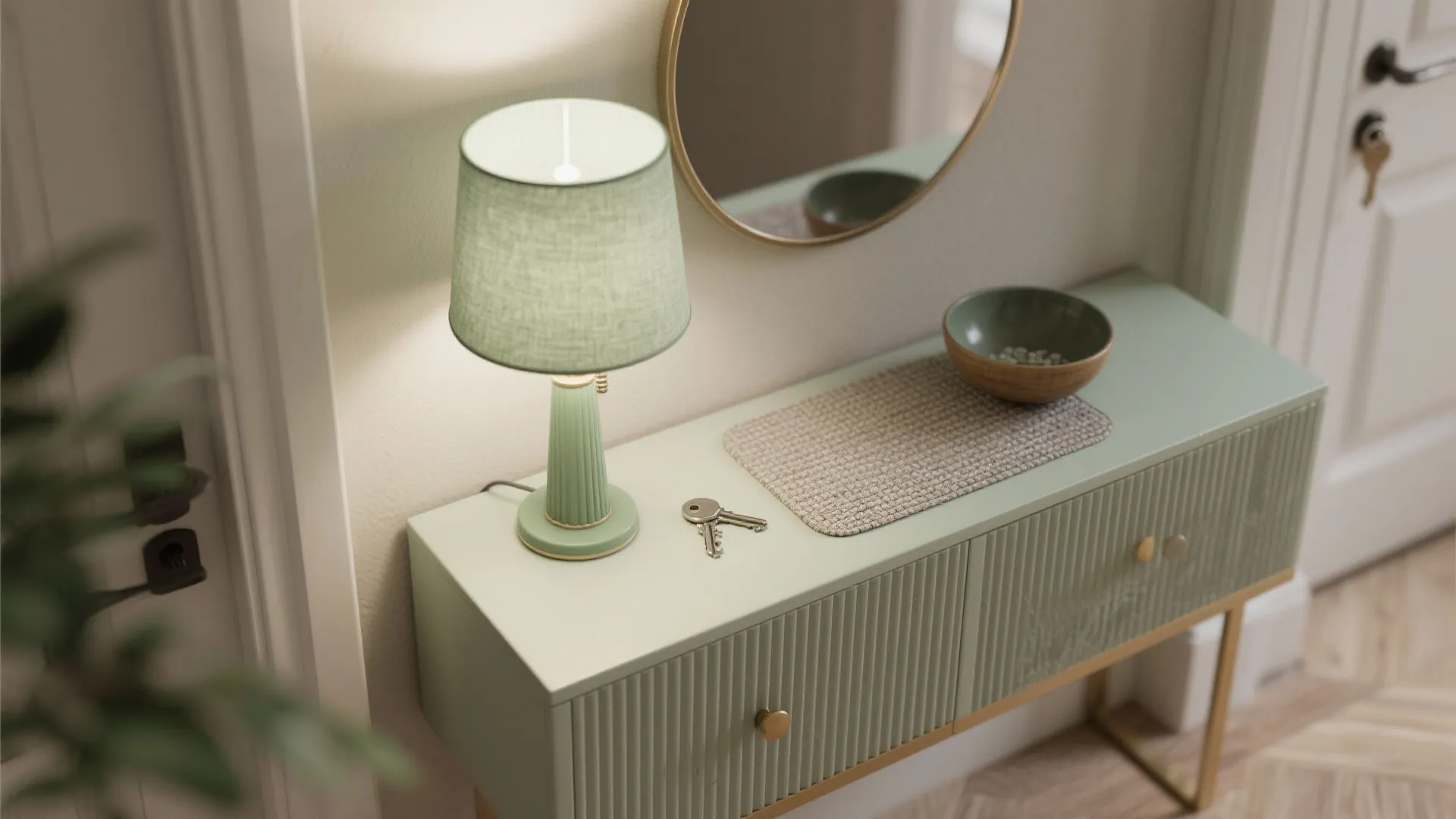 Top-down flatlay of an entry console with a small light green table lamp, round mirror, and a key bowl.