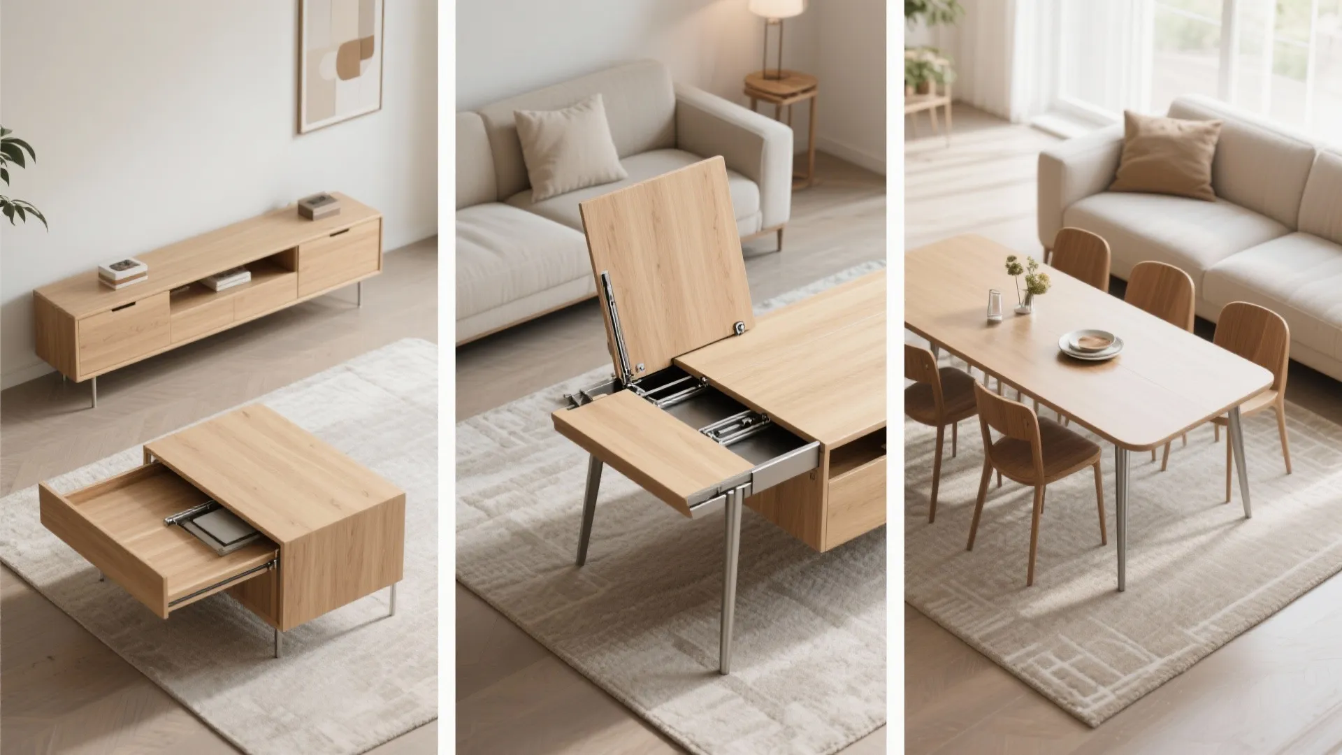 Wooden table transforming from a small side cabinet into a large dining table with chairs