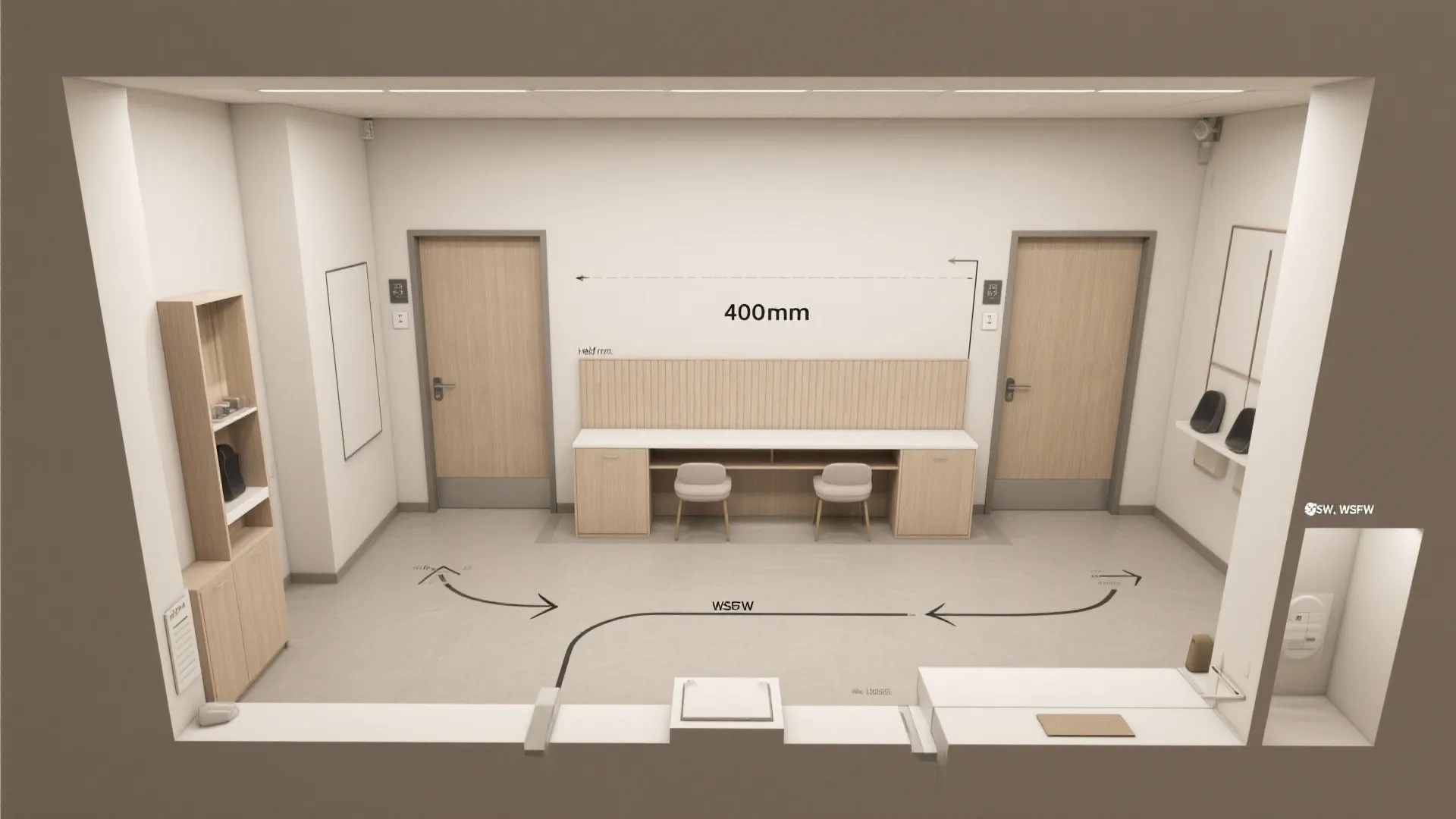 Top-down view shows circulation around a half-height console wall defining a compact hallway.