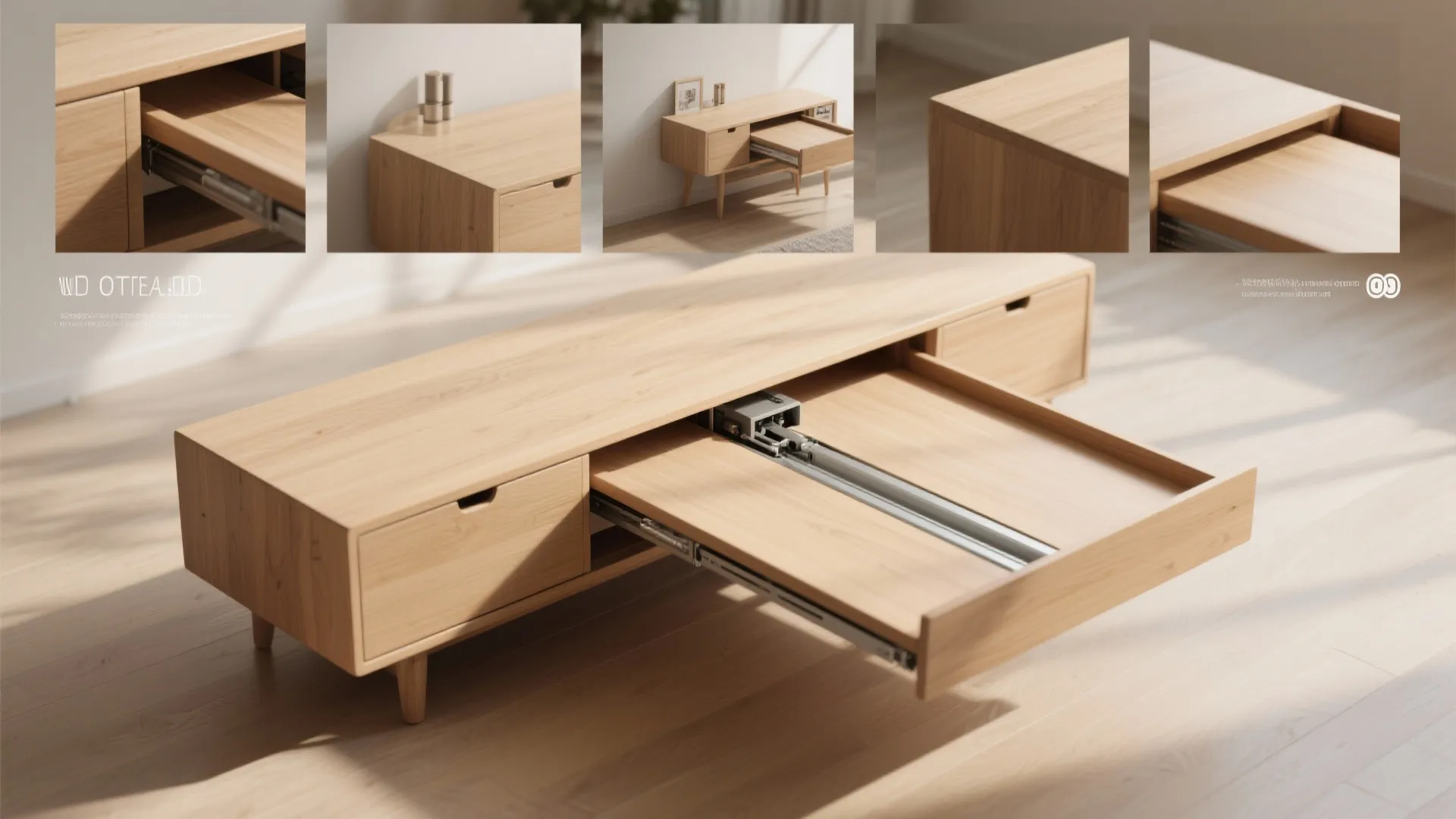 Top-down sequence of a slim console unfolding into a full dining table showing the pull-out mechanism.
