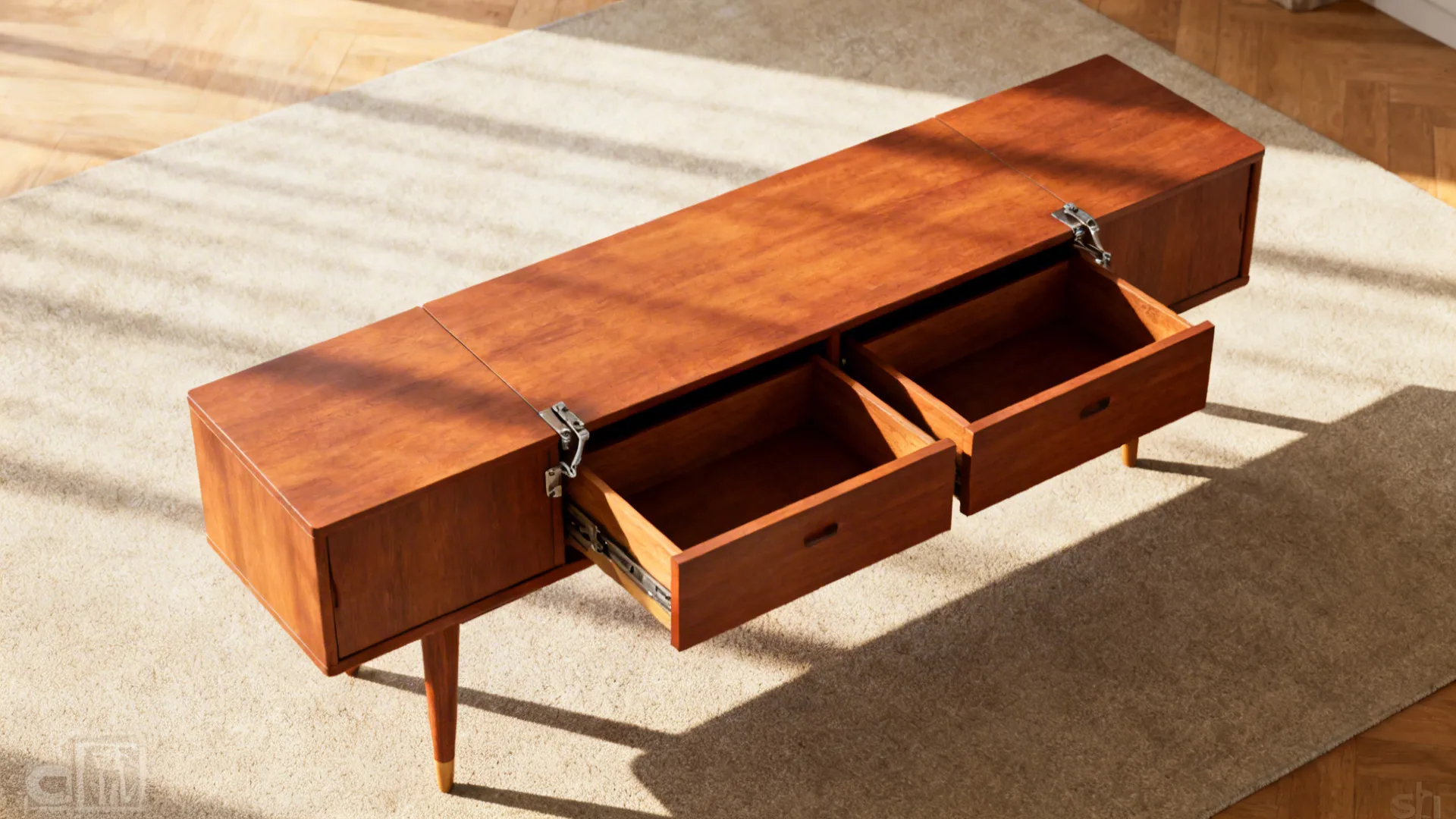 Mid-century console folding out into a coffee table showing internal compartments and folding hardware.