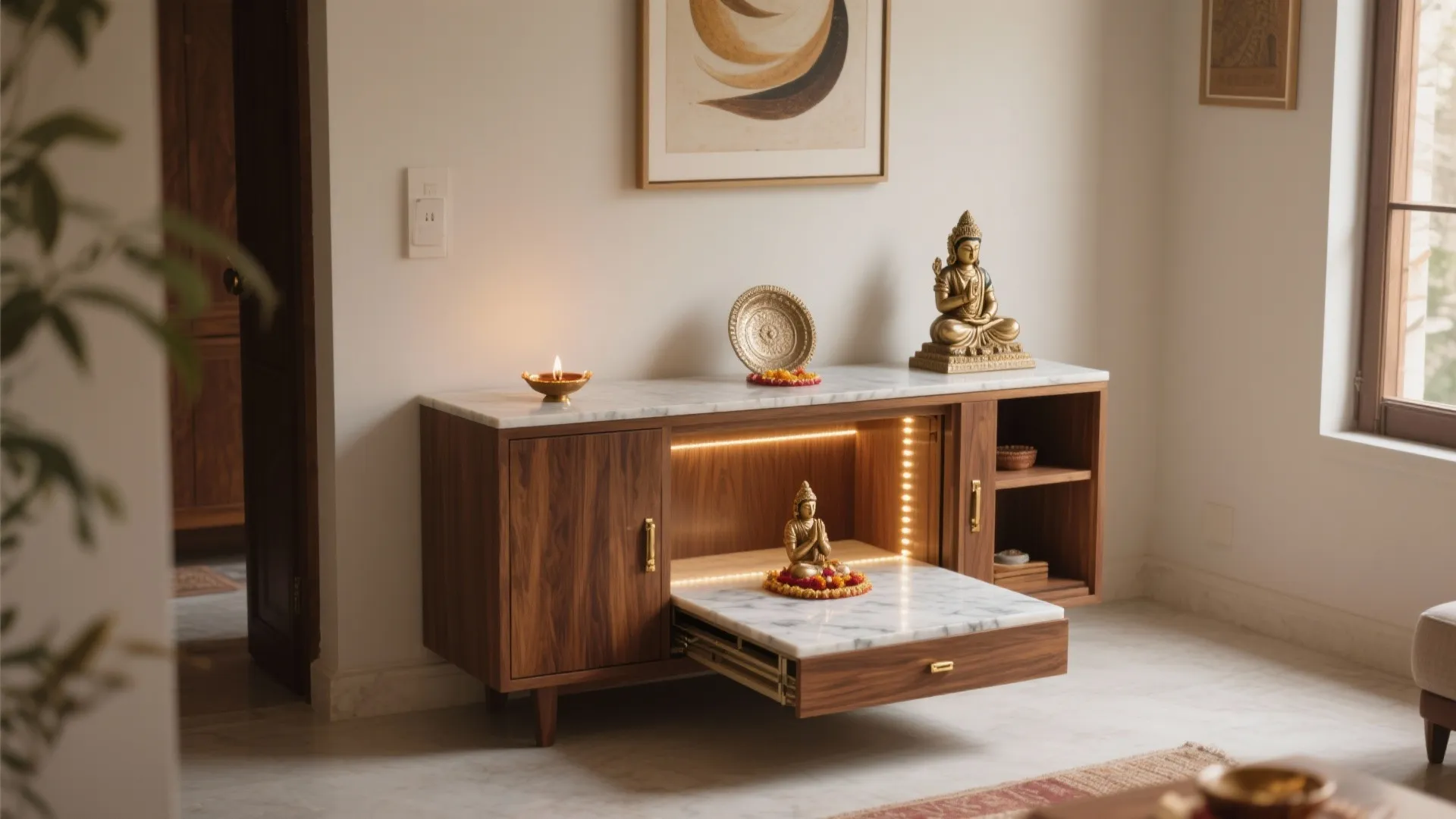 Wooden cabinet with marble top showing foldout drawer and small golden statue with light strip