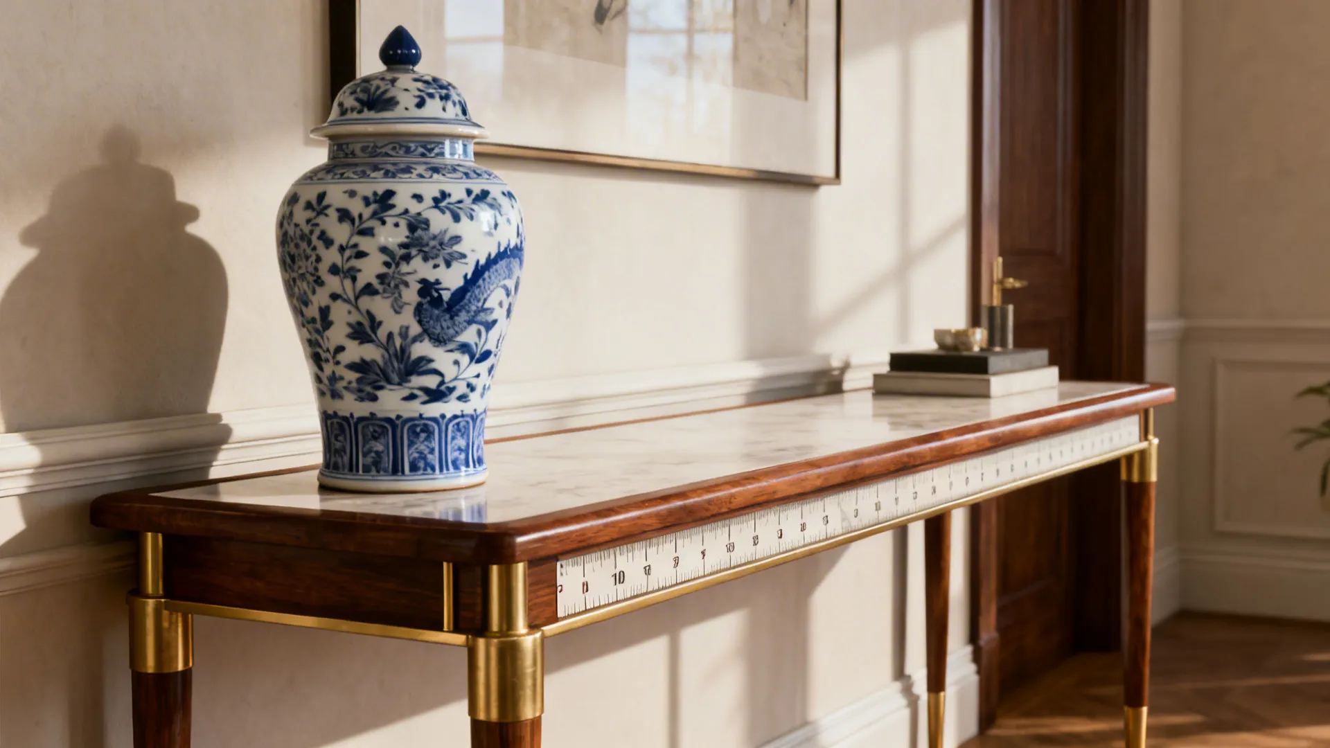 Narrow console table anchored by a single tall blue-and-white ginger jar with neutral decor.