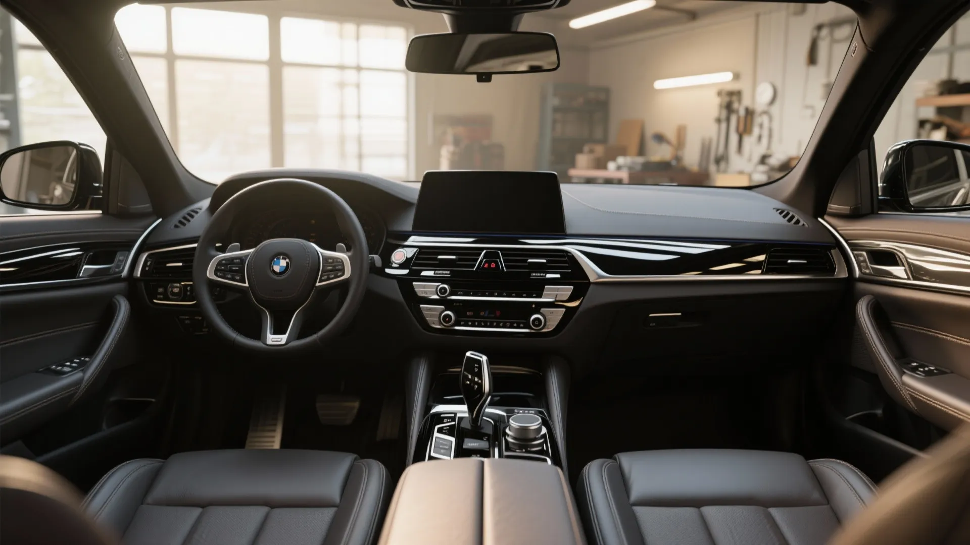 Luxury car interior with black leather seats steering wheel dashboard screen and bright garage background