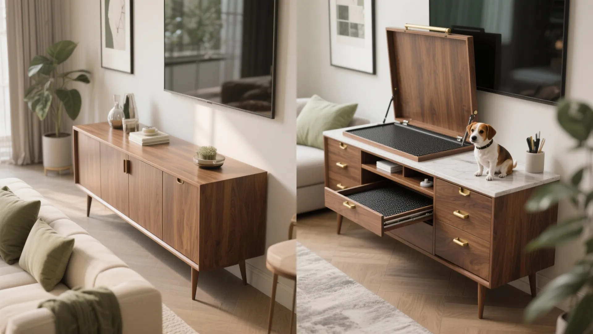 Wood cabinet comparison showing closed unit and open pet grooming station with a small dog