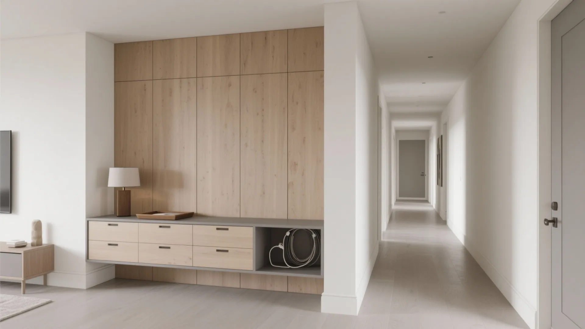 Half-height hall partition with console back, tidy drop zone and storage while keeping the living area visually open.