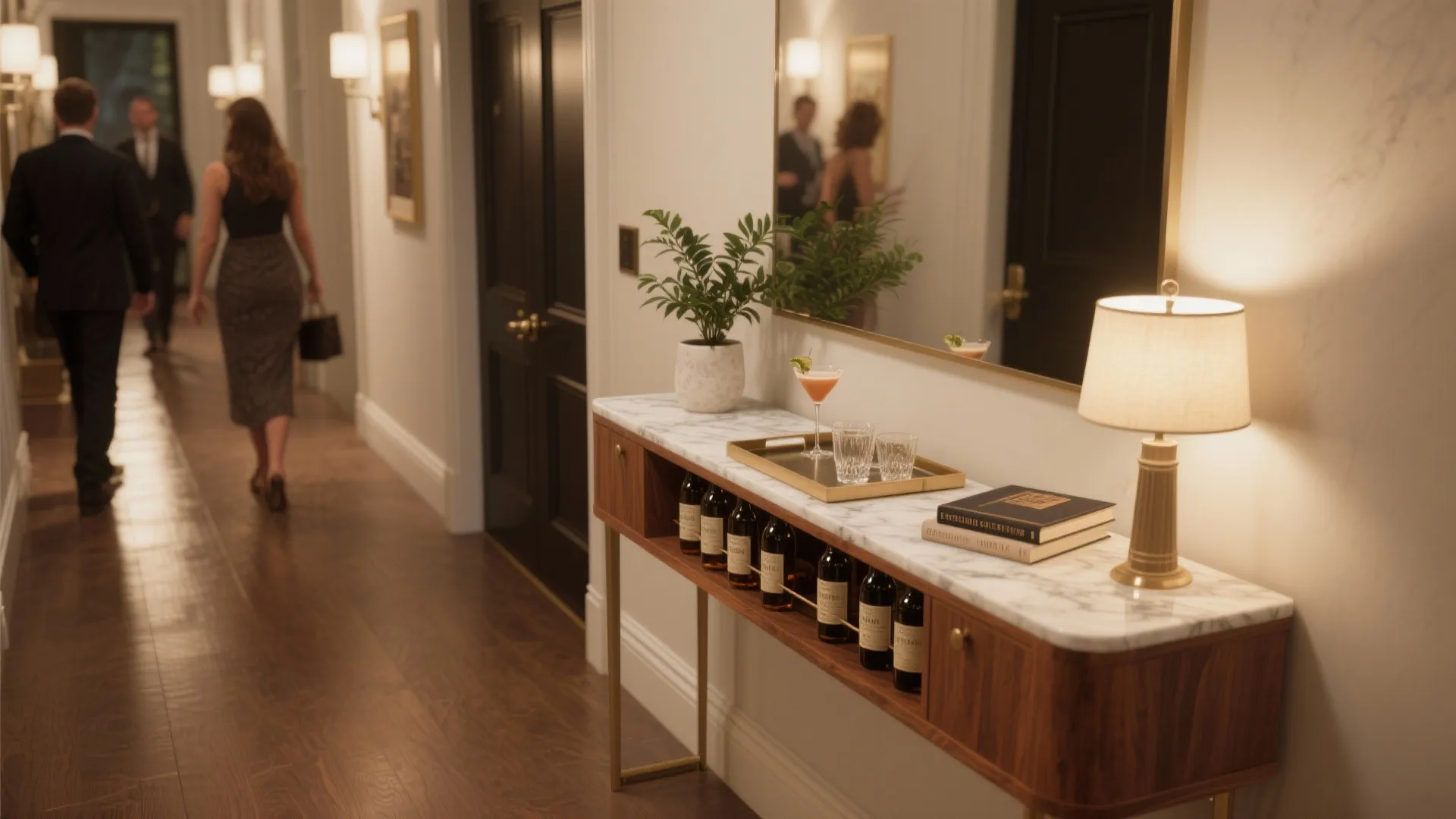 Marble top wooden cabinet in a hallway with wine bottles, table lamp, and green plant